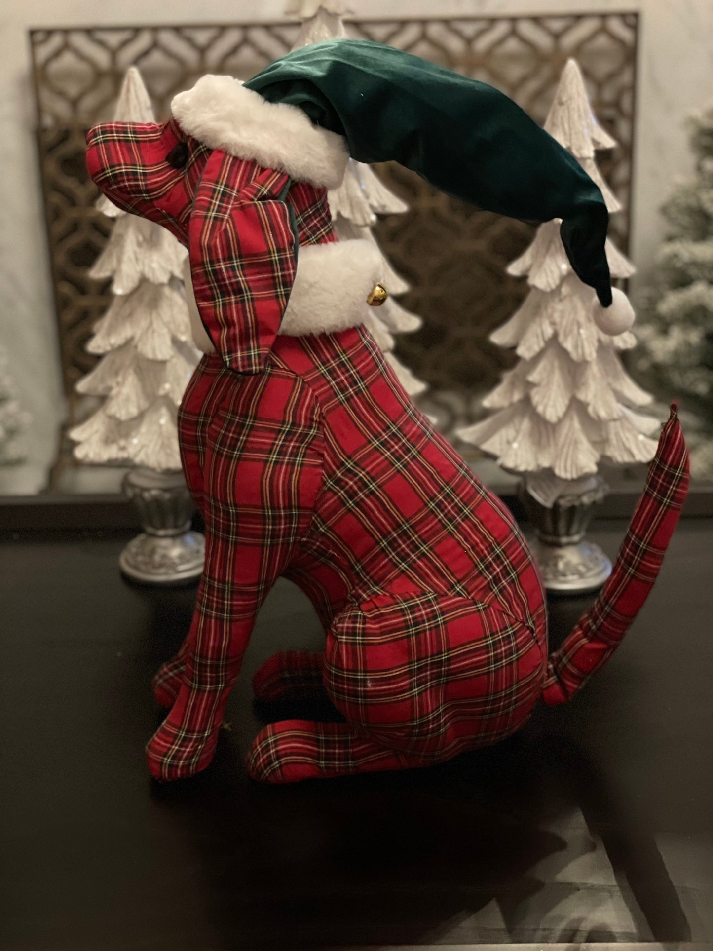 20” x 16” plaid checked dog with Santa hat and jingle bells.Red, green and white.