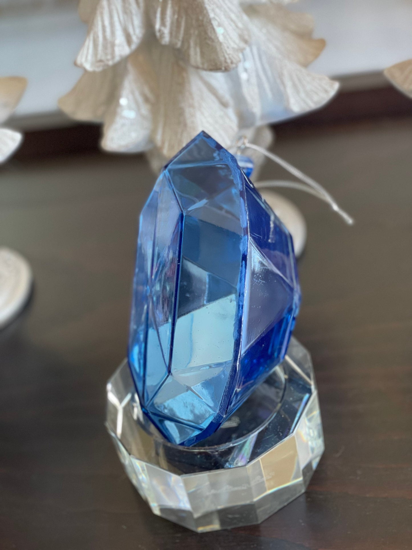7”H x 4” W oblong jewel Shatterproof ornament. Periwinkle color.