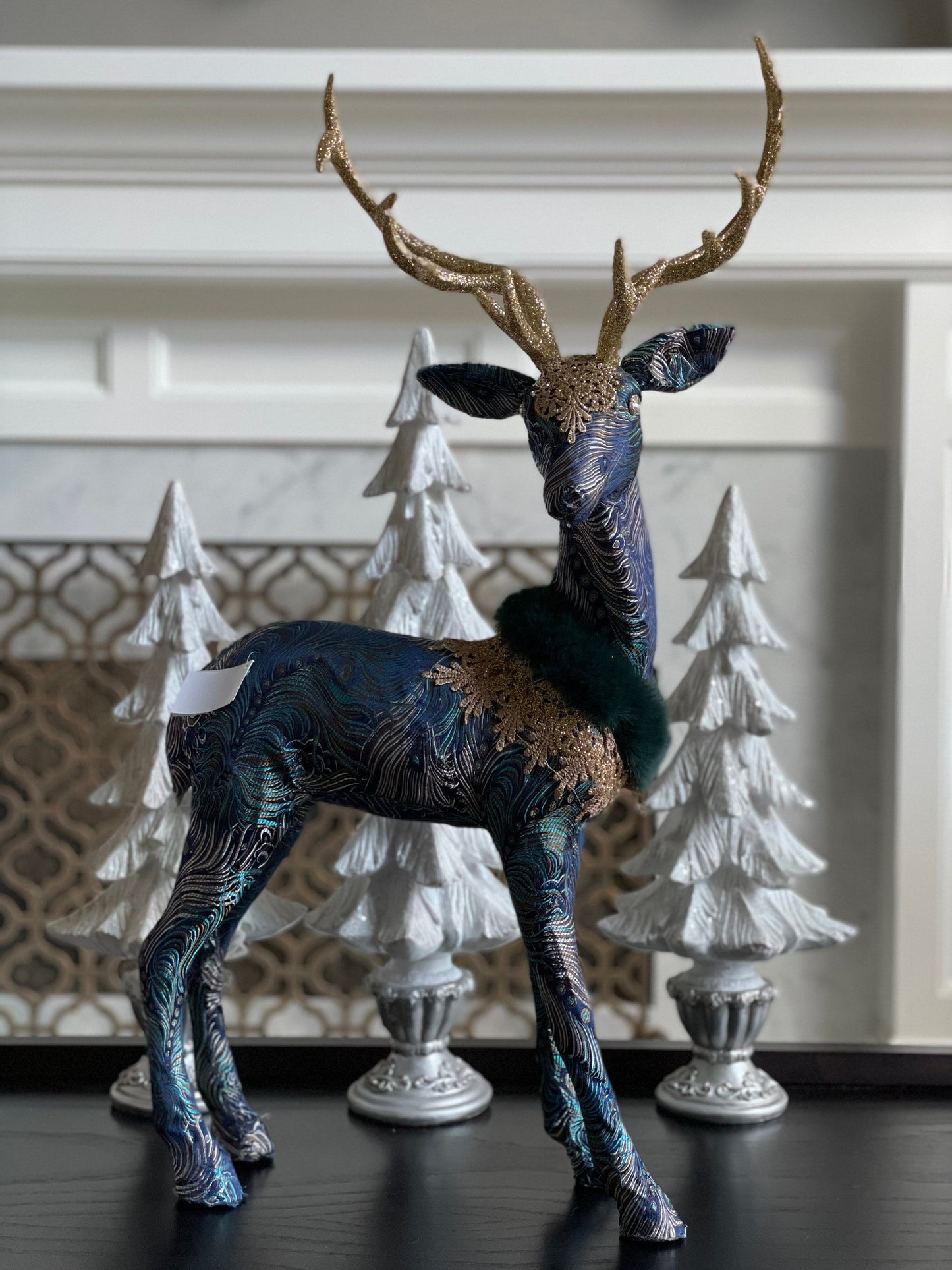 30" Deer standing and 20” deer sitting in blue. Set of 1 standing and one sitting. Deer Peacock gorgeous fabric and lace. Tabletop. Display.