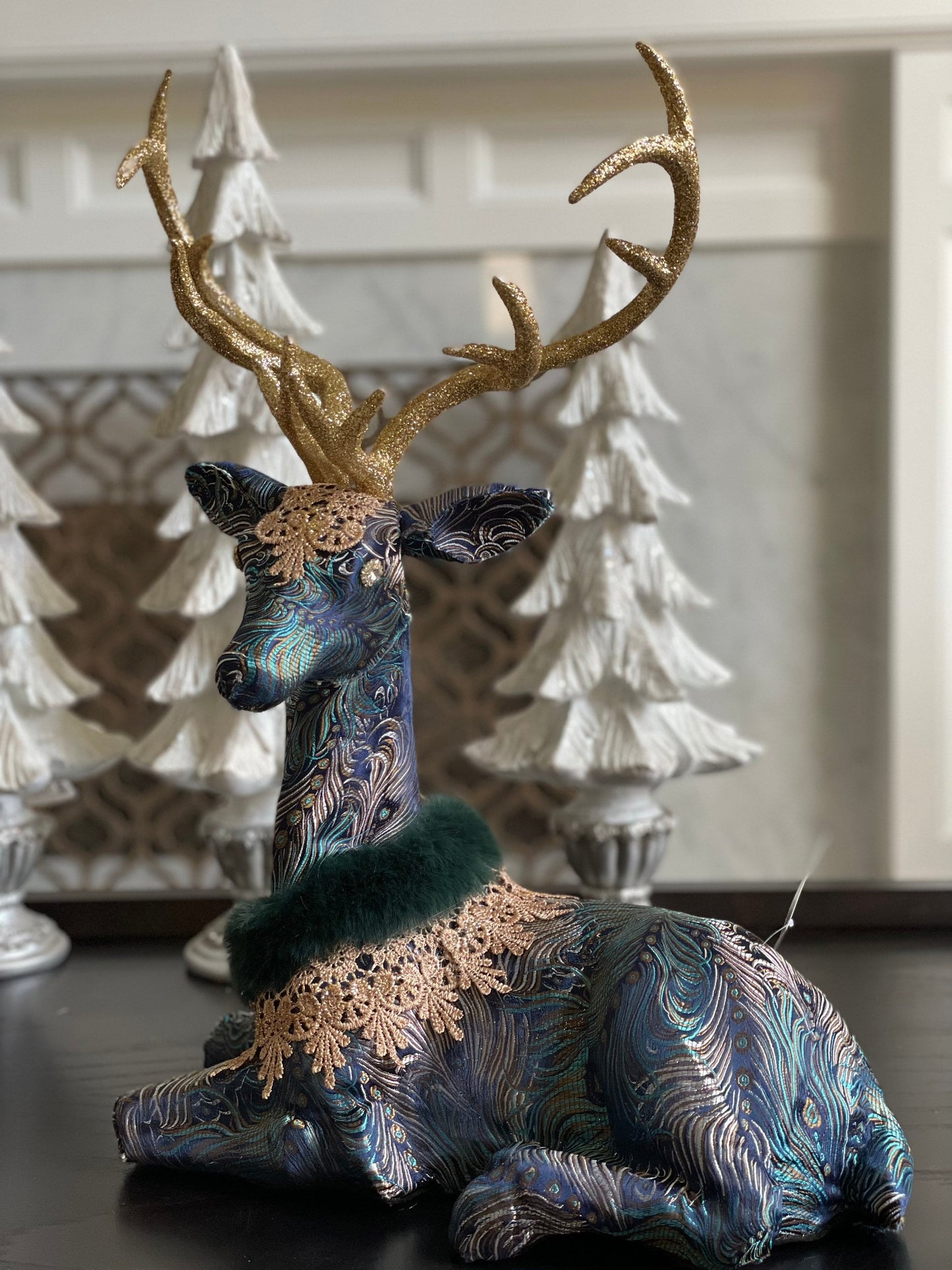 30" Deer standing and 20” deer sitting in blue. Set of 1 standing and one sitting. Deer Peacock gorgeous fabric and lace. Tabletop. Display.