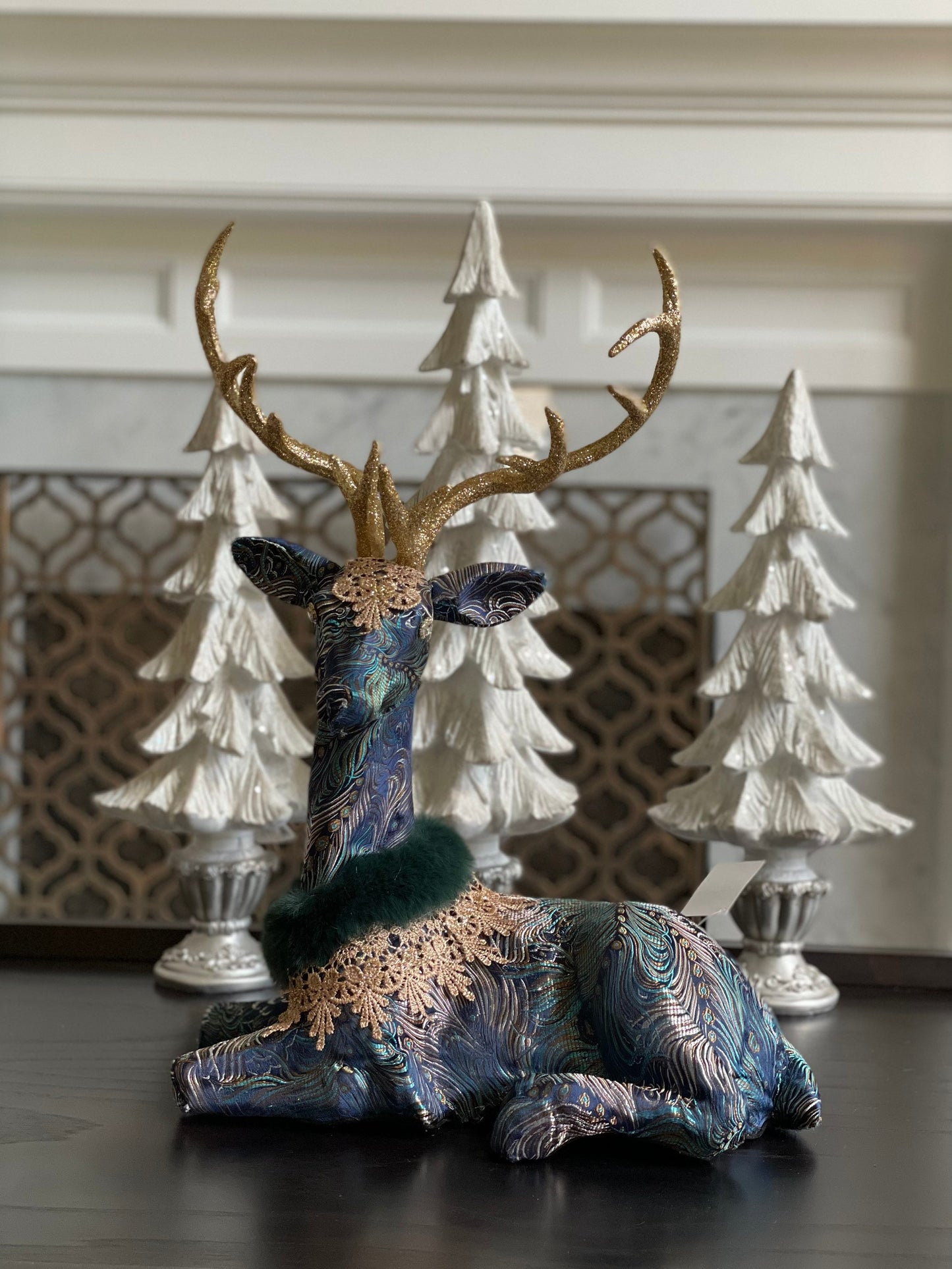 30" Deer standing and 20” deer sitting in blue. Set of 1 standing and one sitting. Deer Peacock gorgeous fabric and lace. Tabletop. Display.