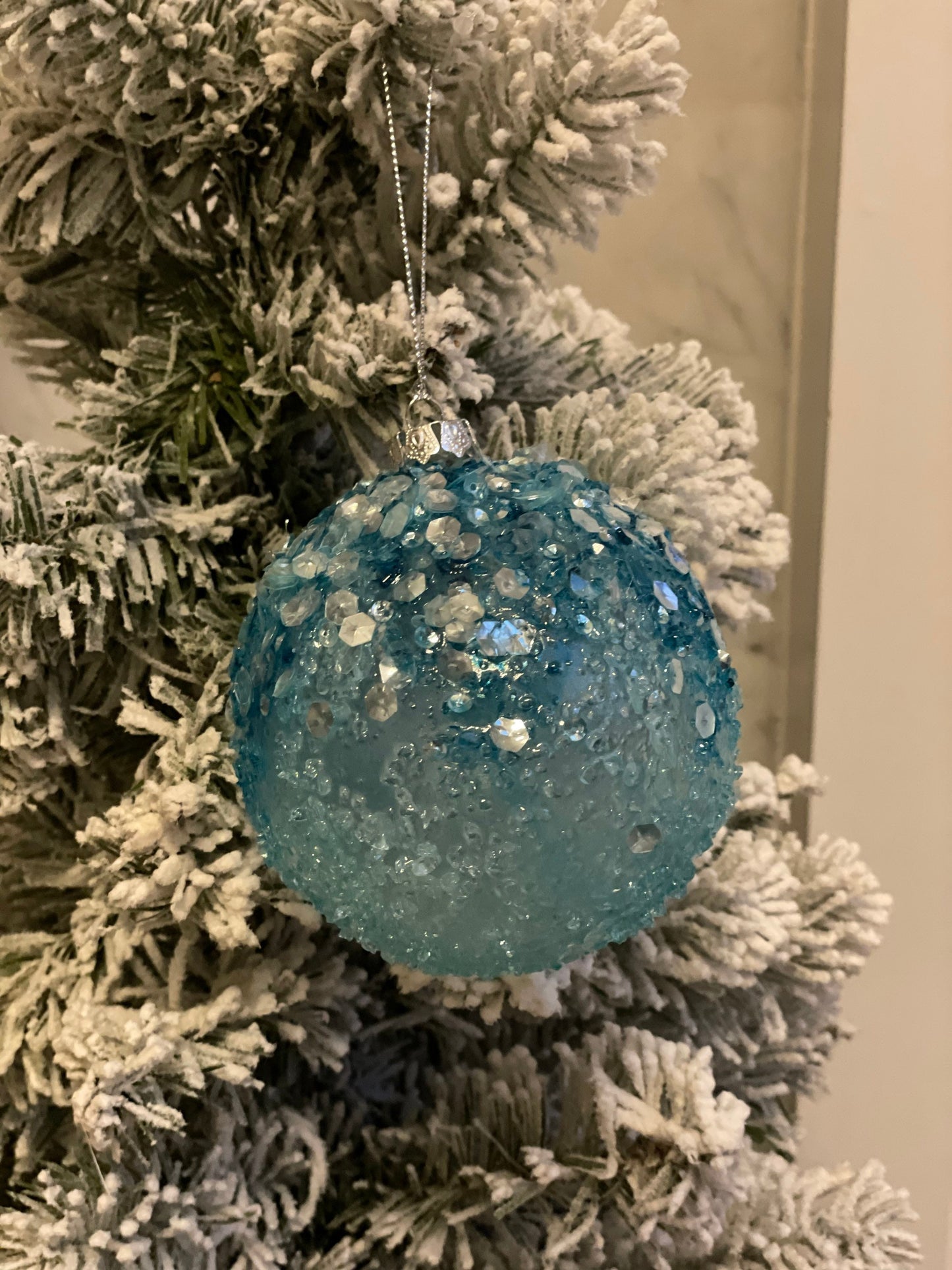 100 mm Light blue Sugar Candy Glitter sequin Ornament Ball. Set of 3. Shatterproof.