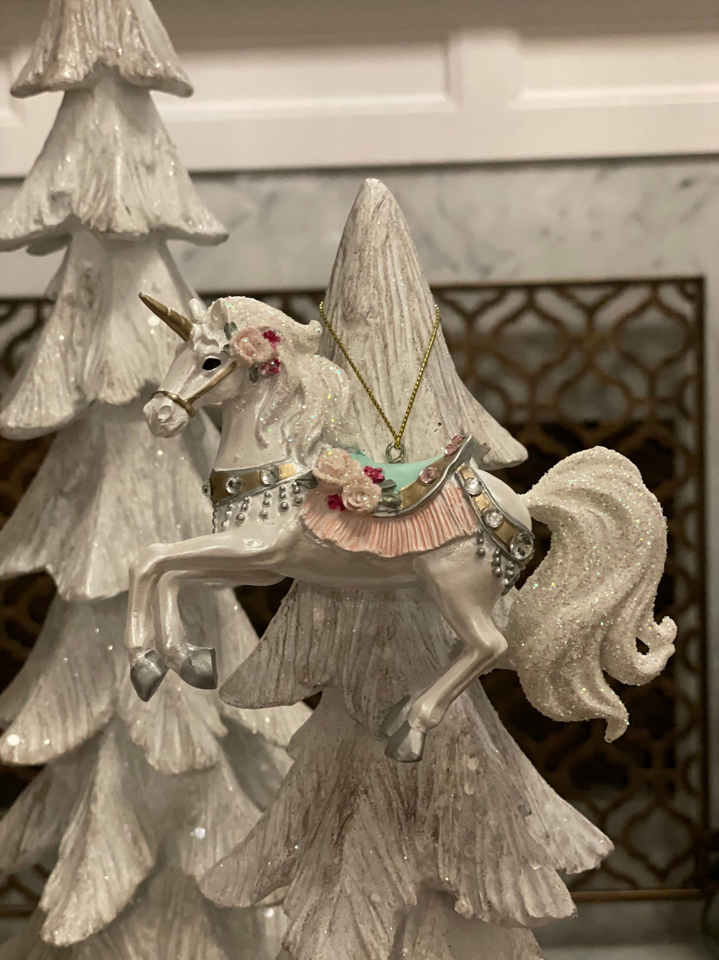 4” resin jeweled glittery fancy unicorn horse ornament. Set of 2.