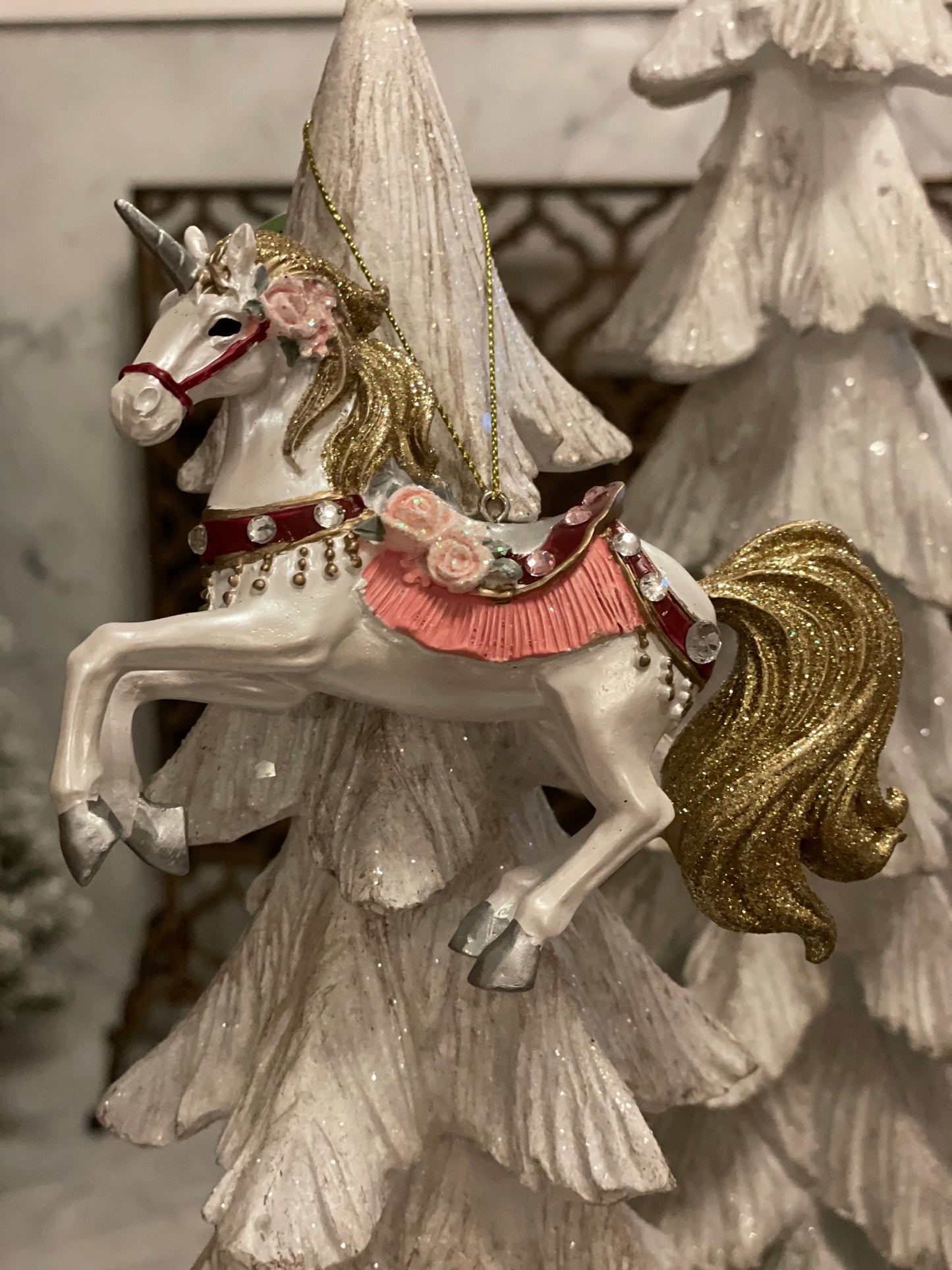 4” resin jeweled glittery fancy unicorn horse ornament. Set of 2.