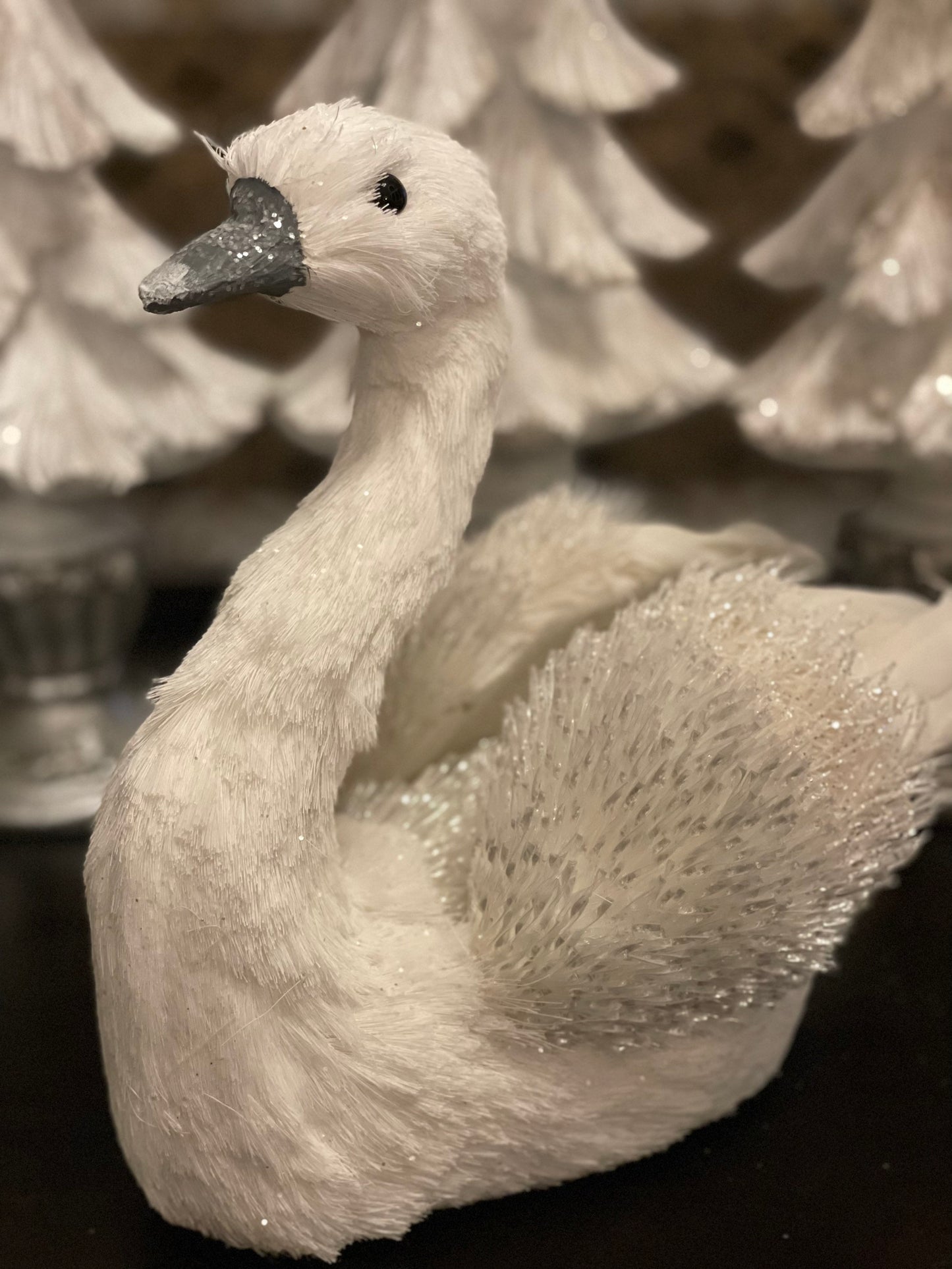 10”h x 12”w Snow fleece swan tabletop/ornament.