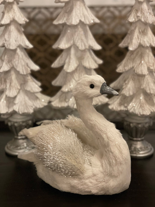 10”h x 12”w Snow fleece swan tabletop/ornament.