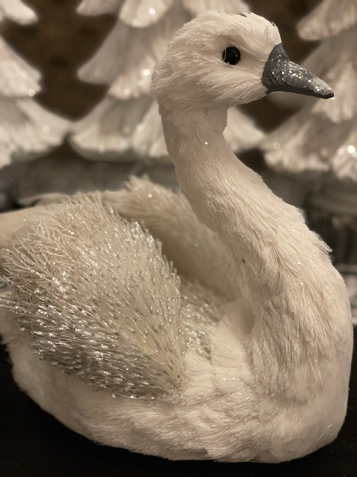 10”h x 12”w Snow fleece swan tabletop/ornament.