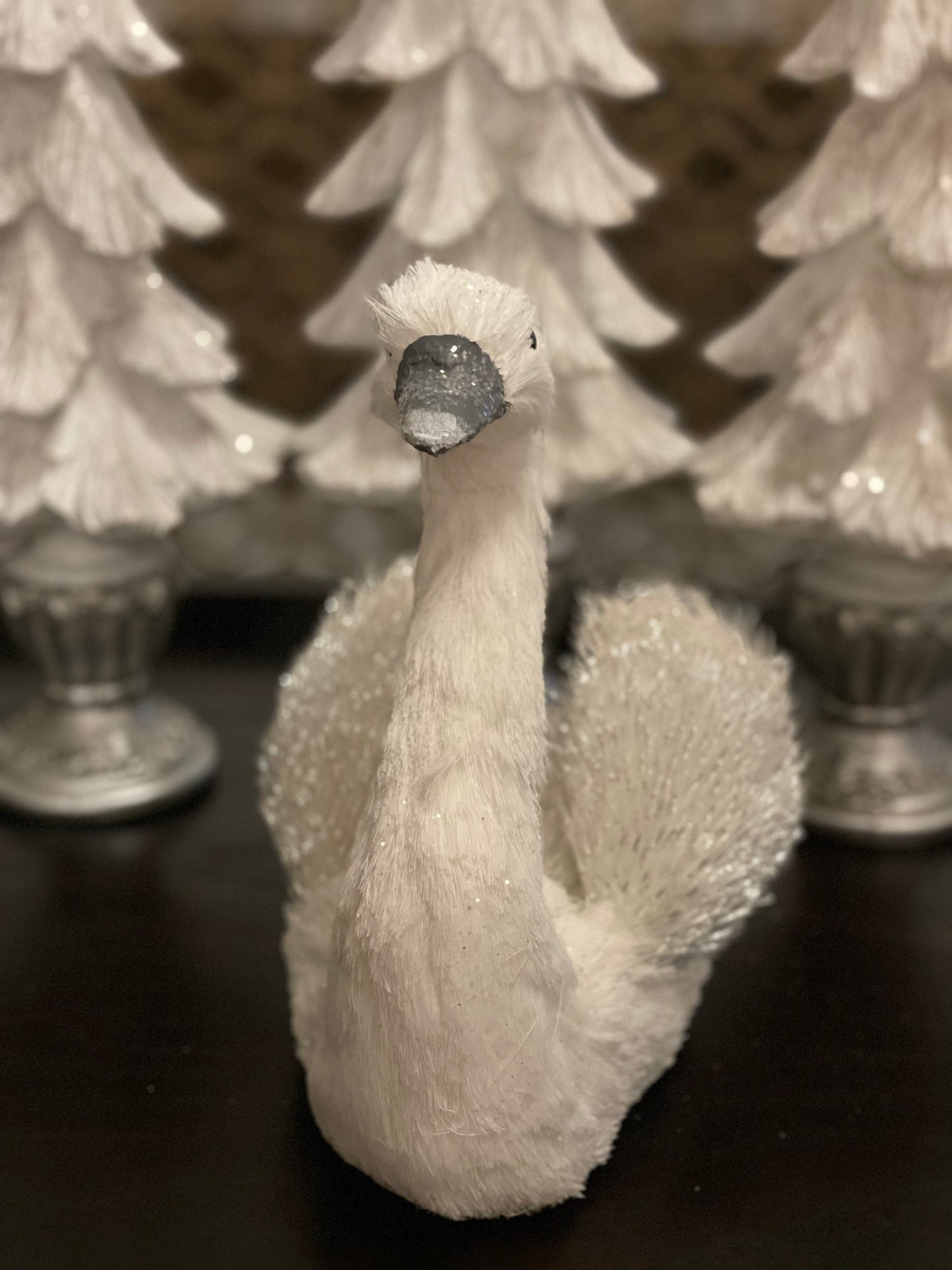 10”h x 12”w Snow fleece swan tabletop/ornament.