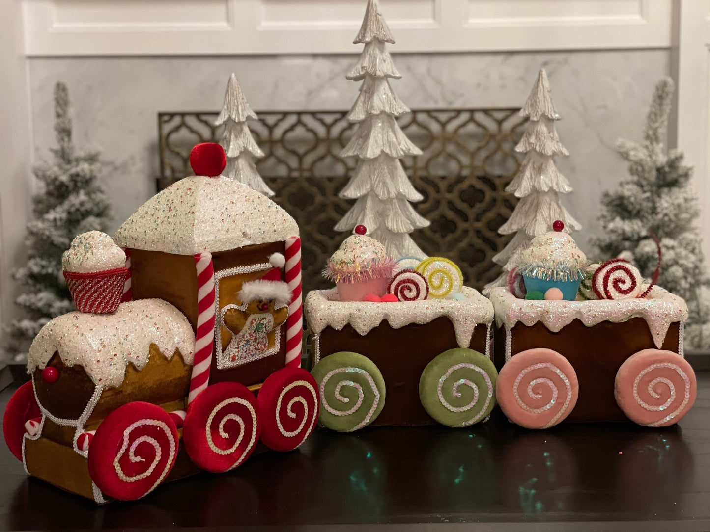 33” Velvet gingerbread candy train with cupcakes and candy.