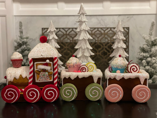 33” Velvet gingerbread candy train with cupcakes and candy.