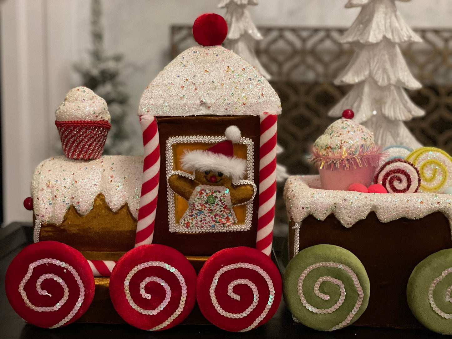33” Velvet gingerbread candy train with cupcakes and candy.