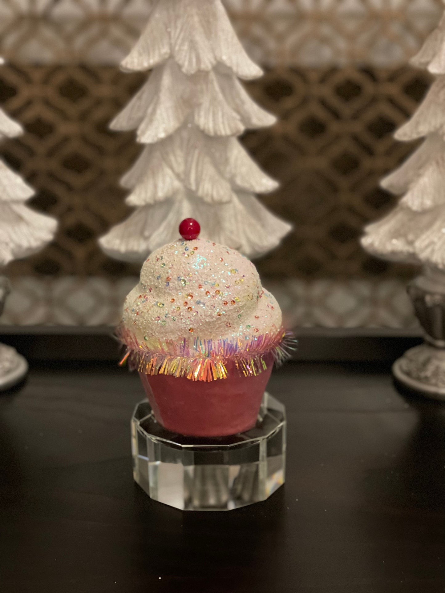 7” Pink Cupcake with sprinkles ornament. One pink cupcake.