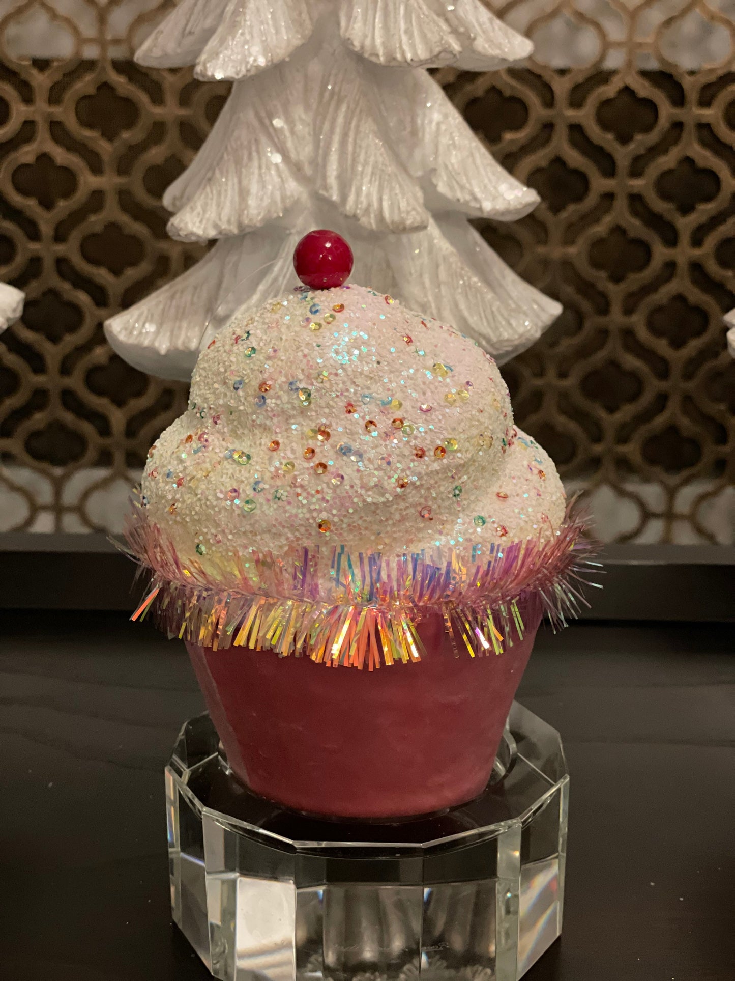 7” Pink Cupcake with sprinkles ornament. One pink cupcake.