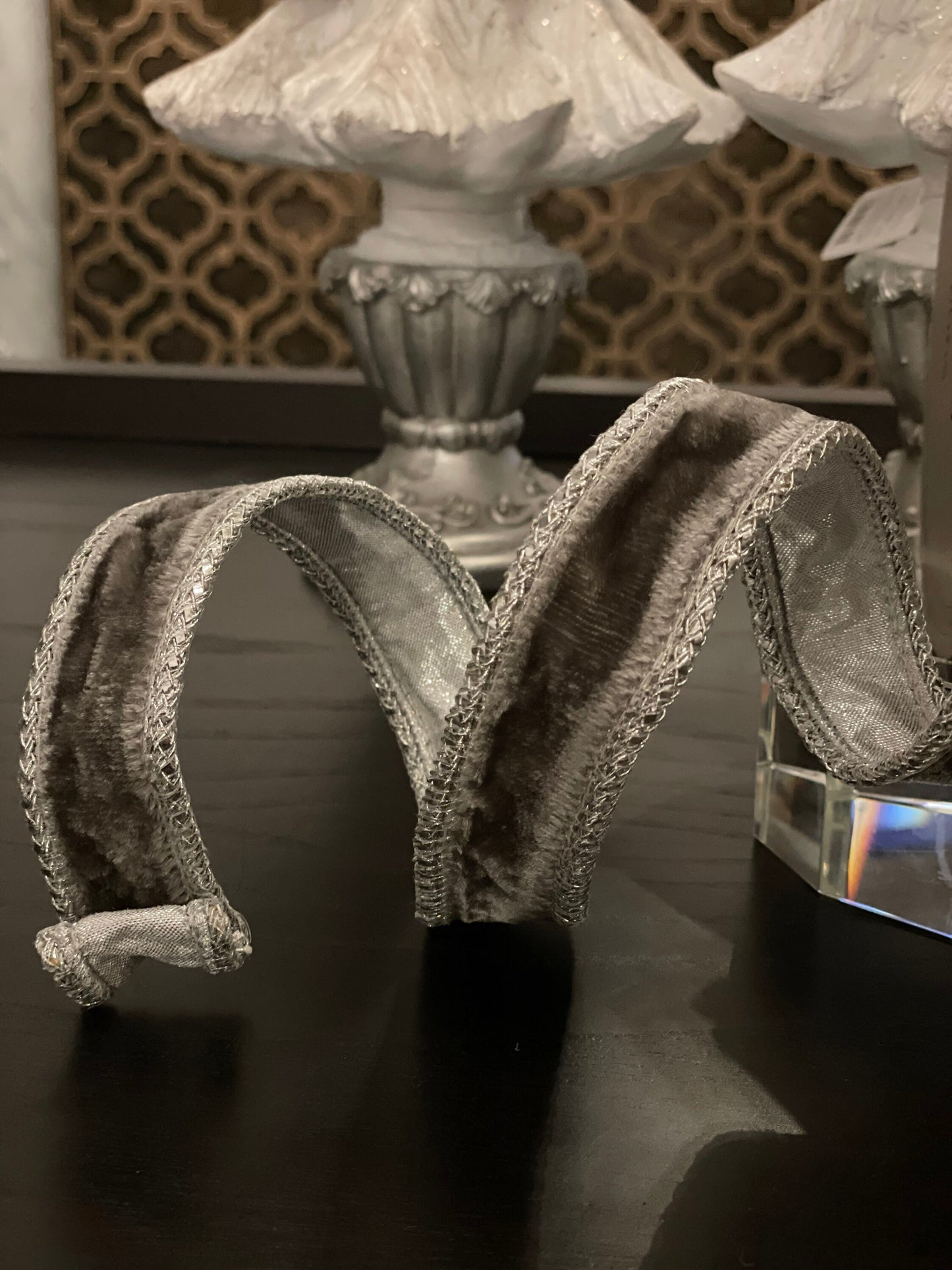 Designer royal velvet gray ribbon. 1”x 10 yards. Wired.*