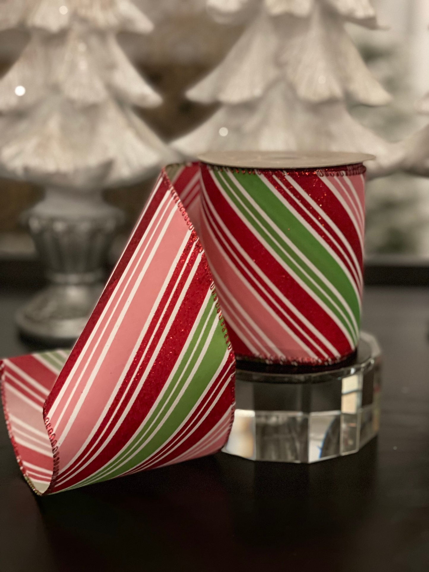Designer satin red glitter pink green white candy cane ribbon. 4”x 10 yards. Wired.*