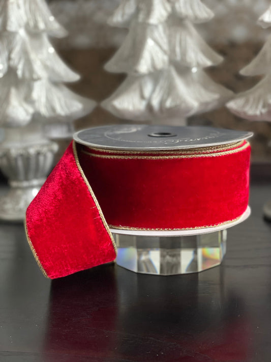Designer flashy velvet red ribbon. 2.5” x 10 yards. Wired.*