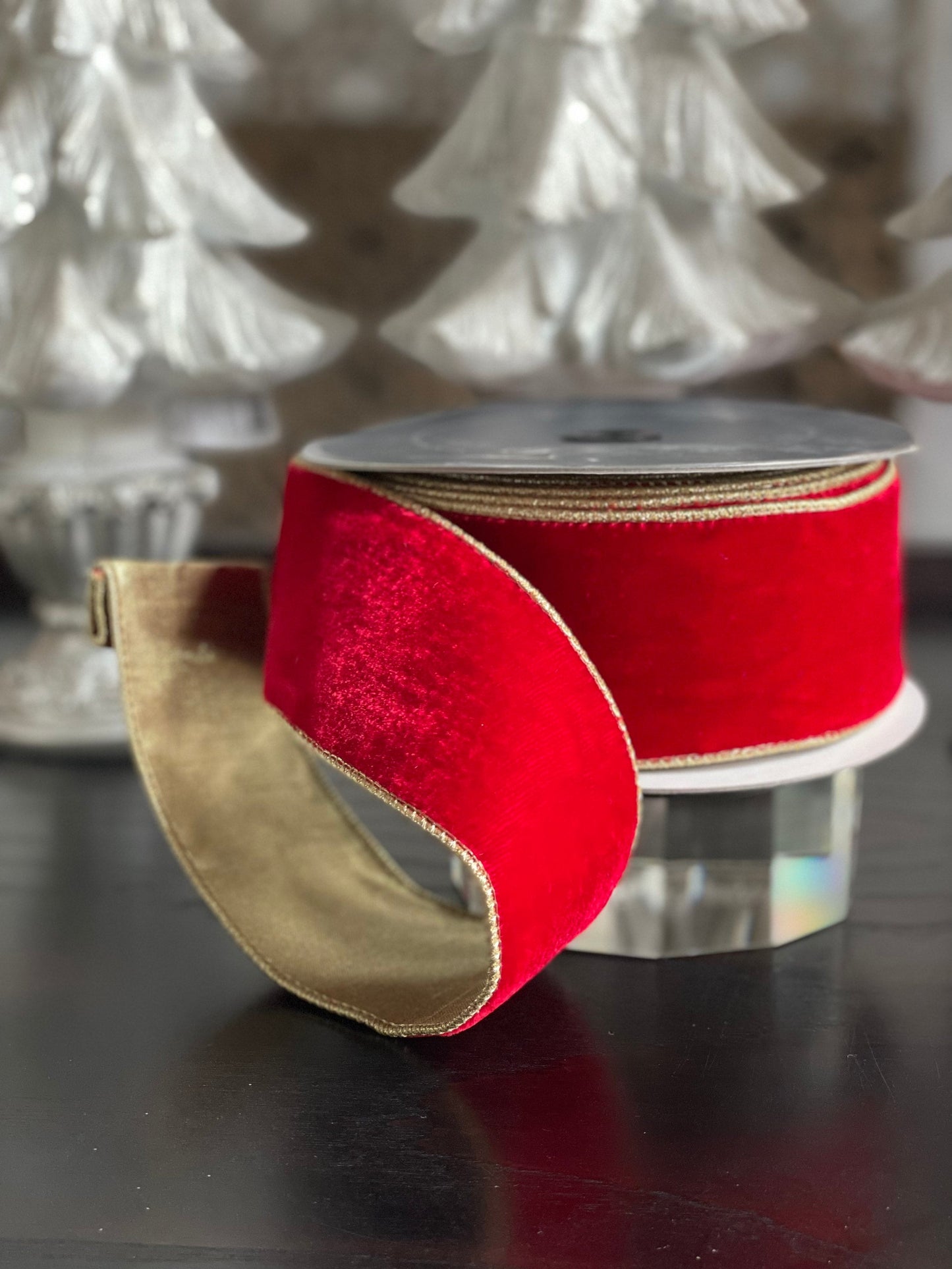 Designer flashy velvet red ribbon. 2.5” x 10 yards. Wired.*