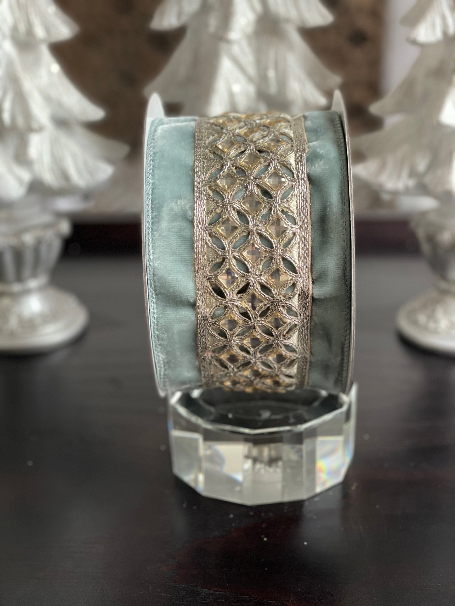 Designer velvet diamond lace light blue and platinum wired ribbon 4” x 5 yards.*