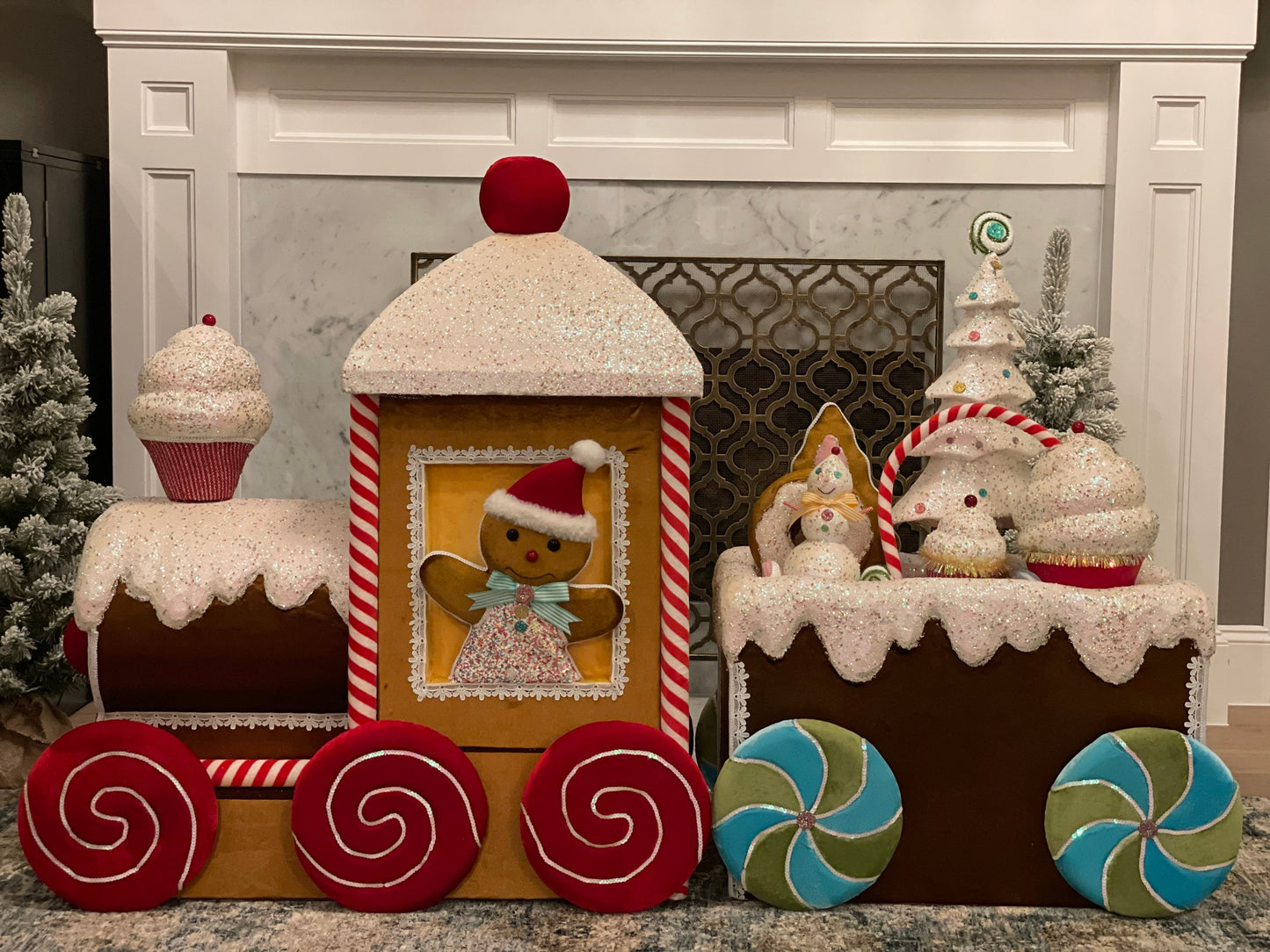 6ft Velvet gingerbread candy train with tree, cupcakes, candy and snowman.