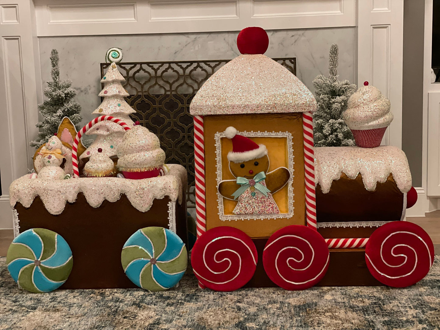 6ft Velvet gingerbread candy train with tree, cupcakes, candy and snowman.
