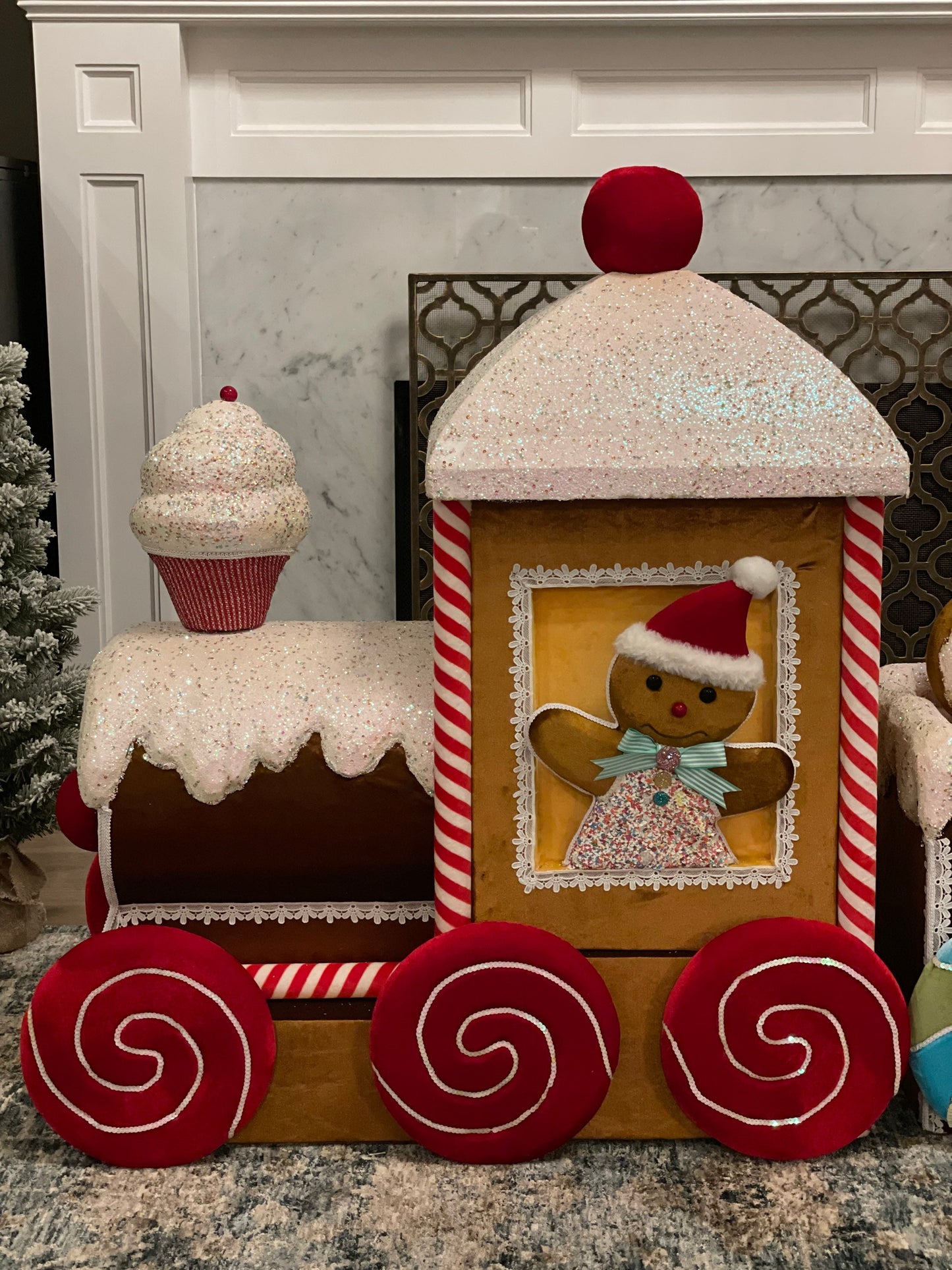 6ft Velvet gingerbread candy train with tree, cupcakes, candy and snowman.