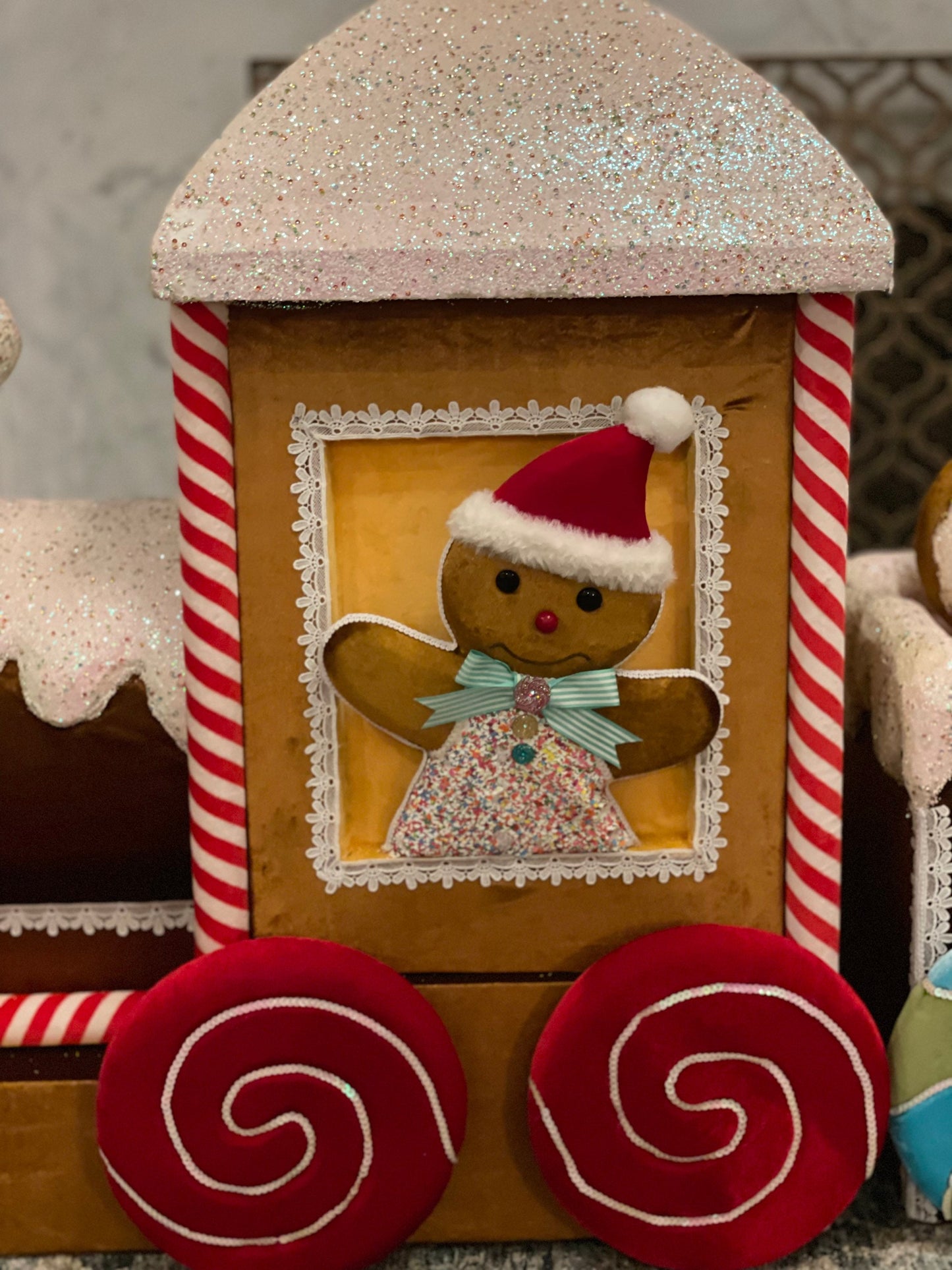 6ft Velvet gingerbread candy train with tree, cupcakes, candy and snowman.