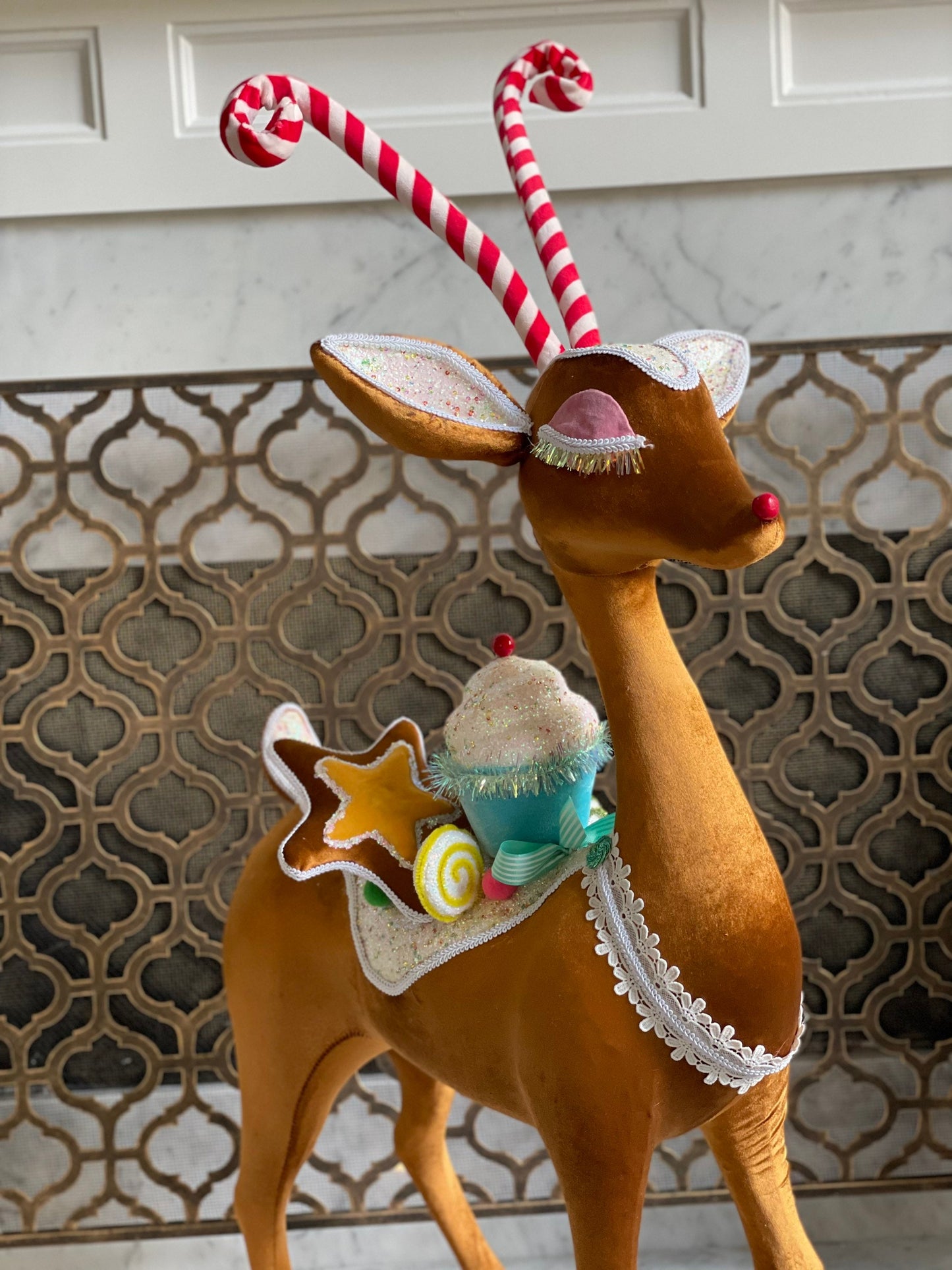 35” Reindeer with cupcake and candies standing ornament. Christmas.