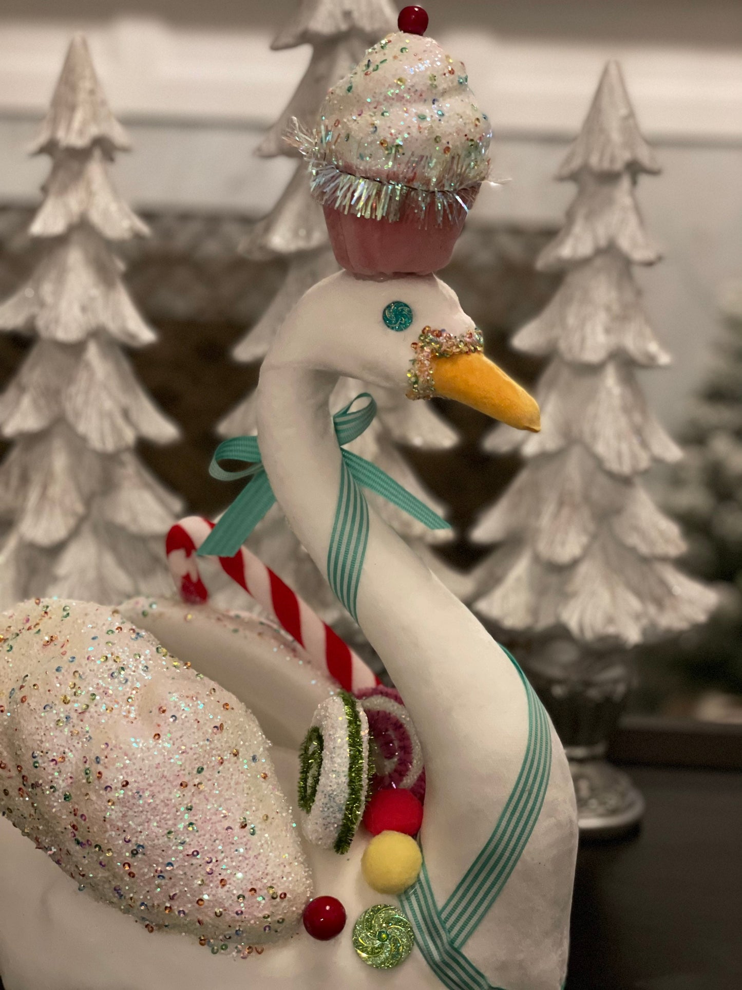 17”H x 12” L x 8” W Velvet sweet dreams swan with cupcake tabletop/ornament/display