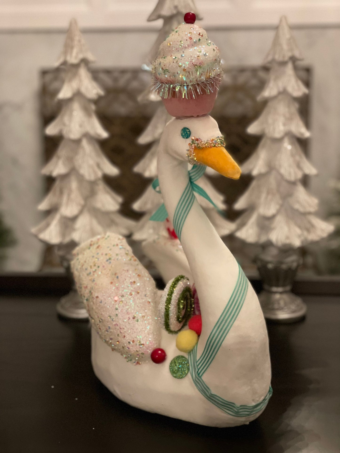 17”H x 12” L x 8” W Velvet sweet dreams swan with cupcake tabletop/ornament/display