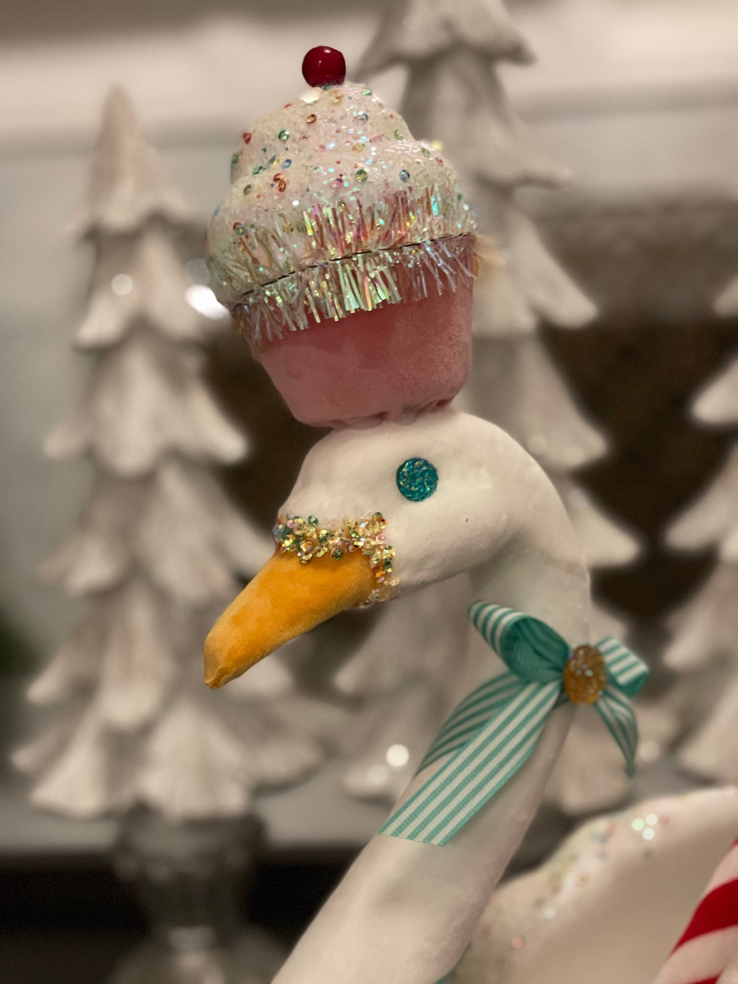 17”H x 12” L x 8” W Velvet sweet dreams swan with cupcake tabletop/ornament/display