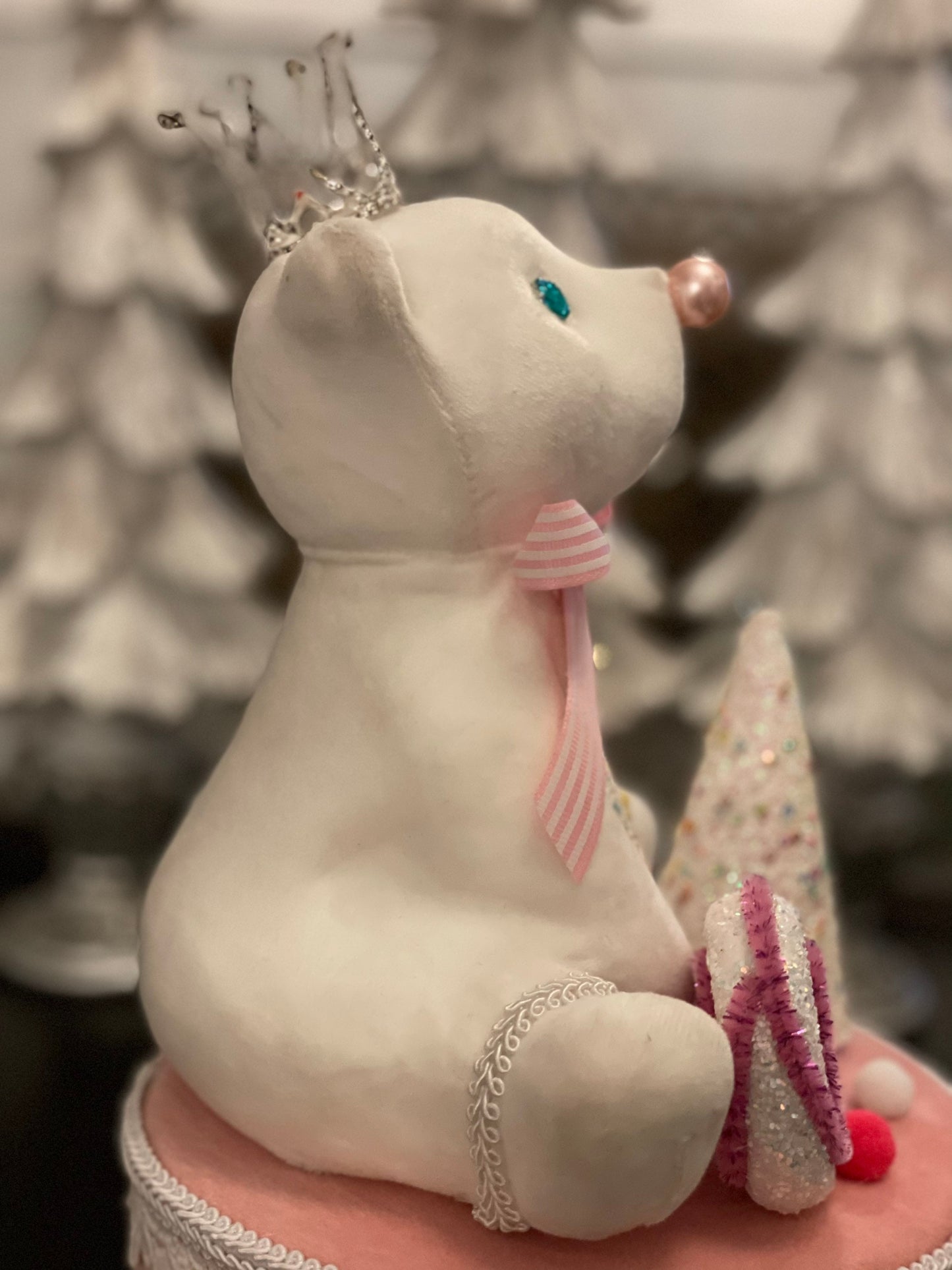 15”h x 7.5”w princess bear on pink cake/ gift box. Christmas. Tree toper. Ornament. Tabletop.