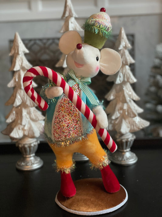 22” H Candy Mouse with blue jacket and yellow pants.