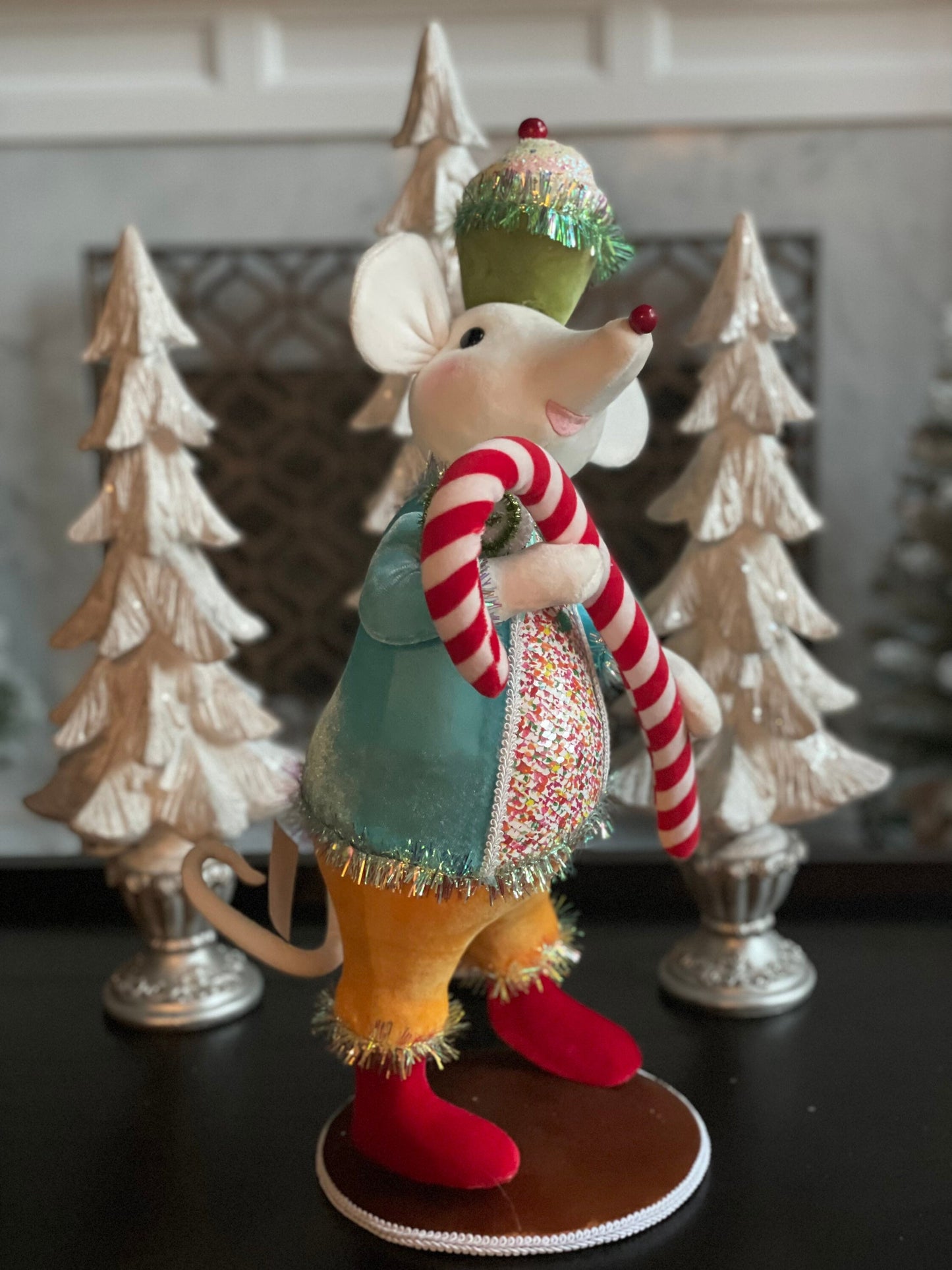 22” H Candy Mouse with blue jacket and yellow pants.