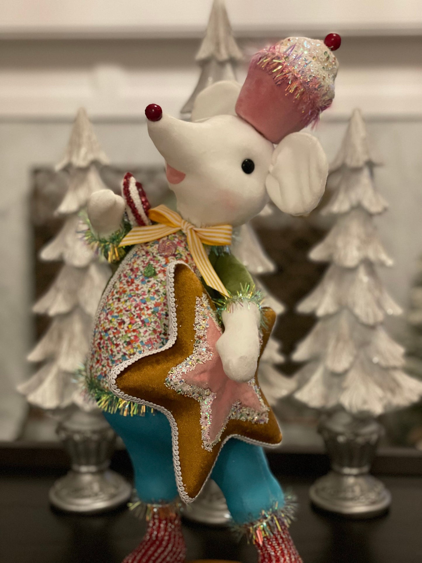 22” H Candy Mouse with green jacket and blue pants.