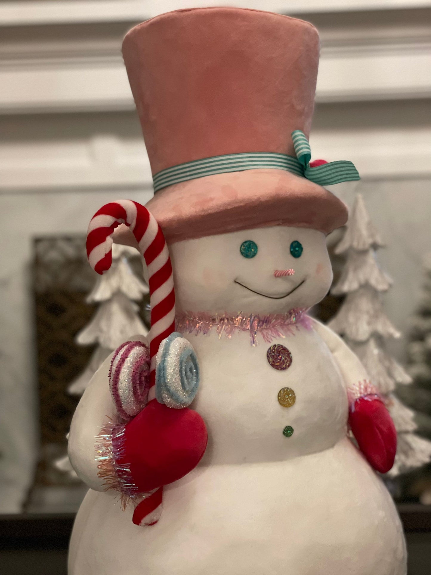 24”h x 13.4” w Snowman with pink hat holding a candy cane. Christmas. Ornament. Tabletop. Display.