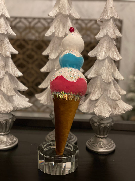 16” ice cream cone turquoise, pink and white. Ornament.