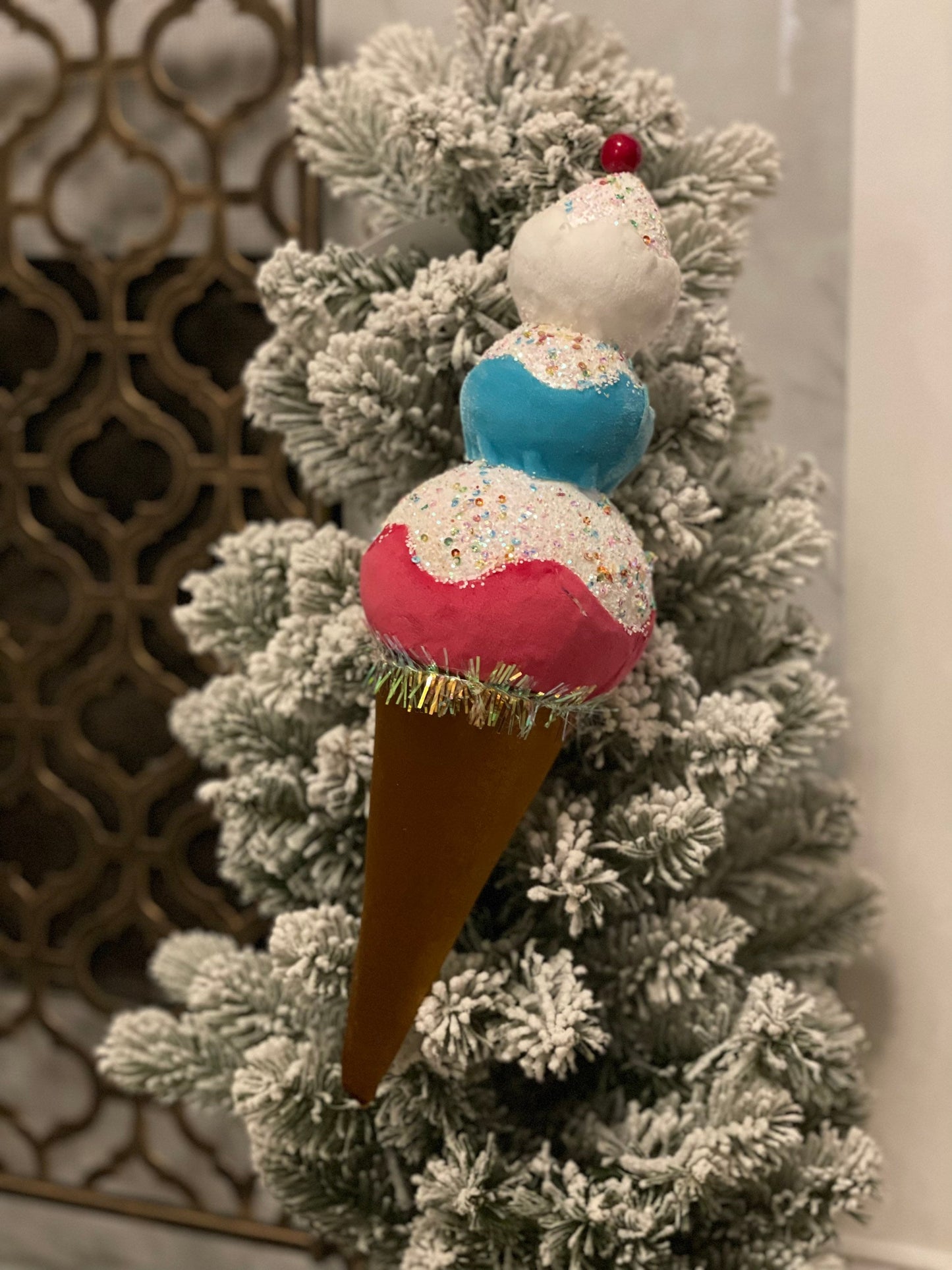 16” ice cream cone turquoise, pink and white. Ornament.