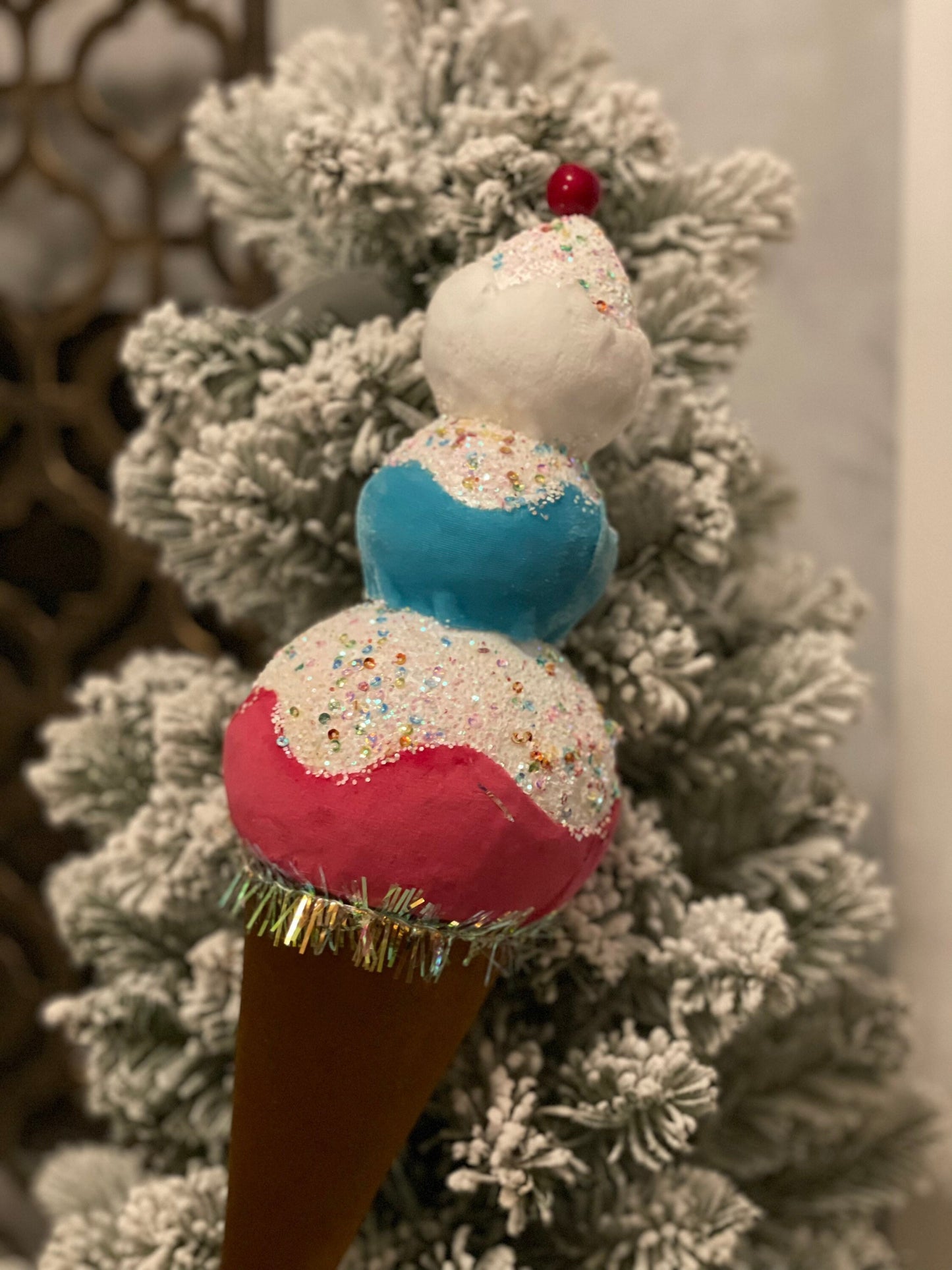 16” ice cream cone turquoise, pink and white. Ornament.