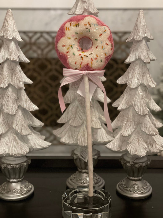 18” H x 5.5” D. Pink Dougnut pick ornament.