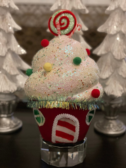 13” cupcake house velvet. Red, green and yellow. Glitter, lace and sequins ornament. Candy theme ornament