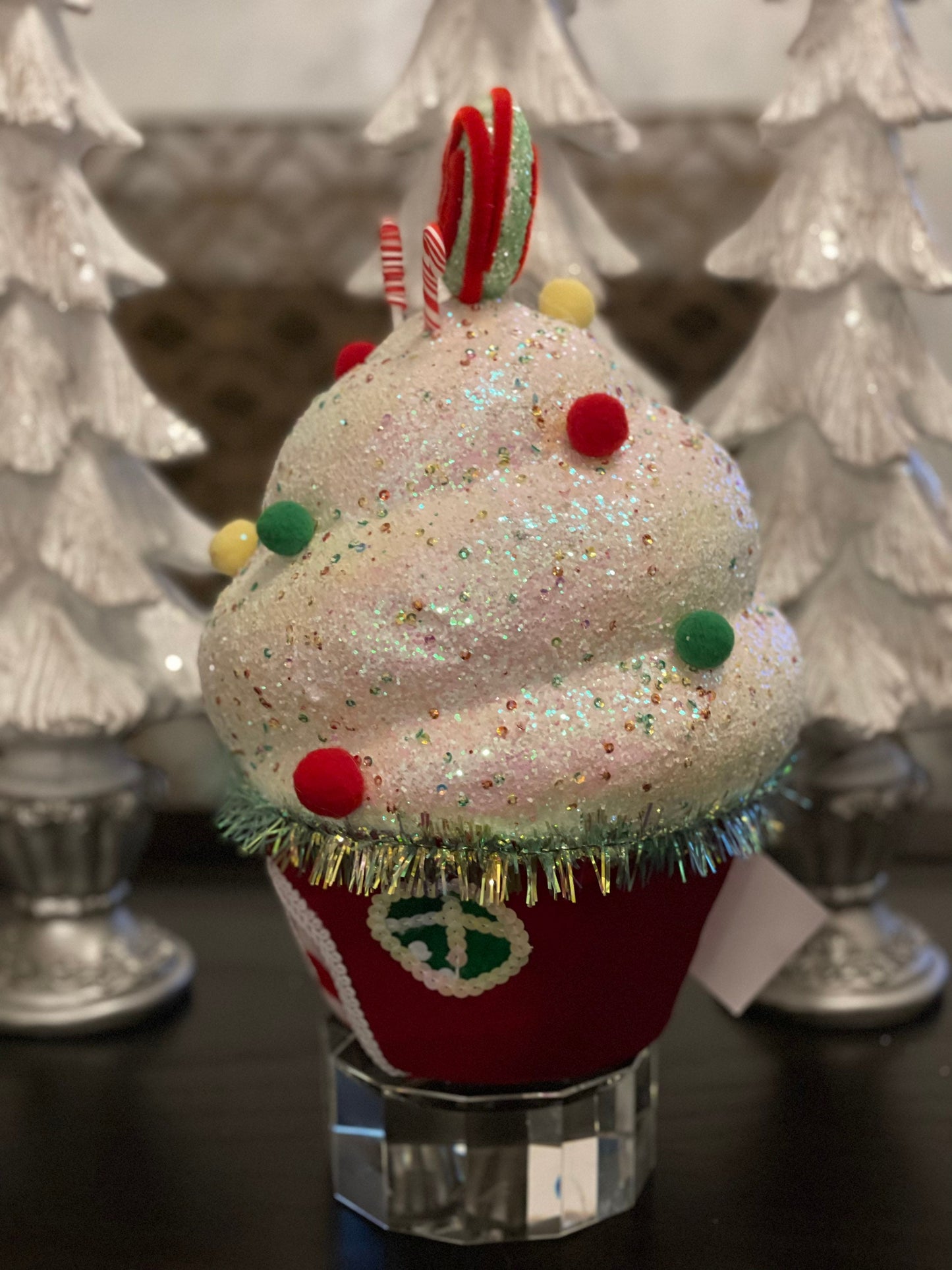 13” cupcake house velvet. Red, green and yellow. Glitter, lace and sequins ornament. Candy theme ornament
