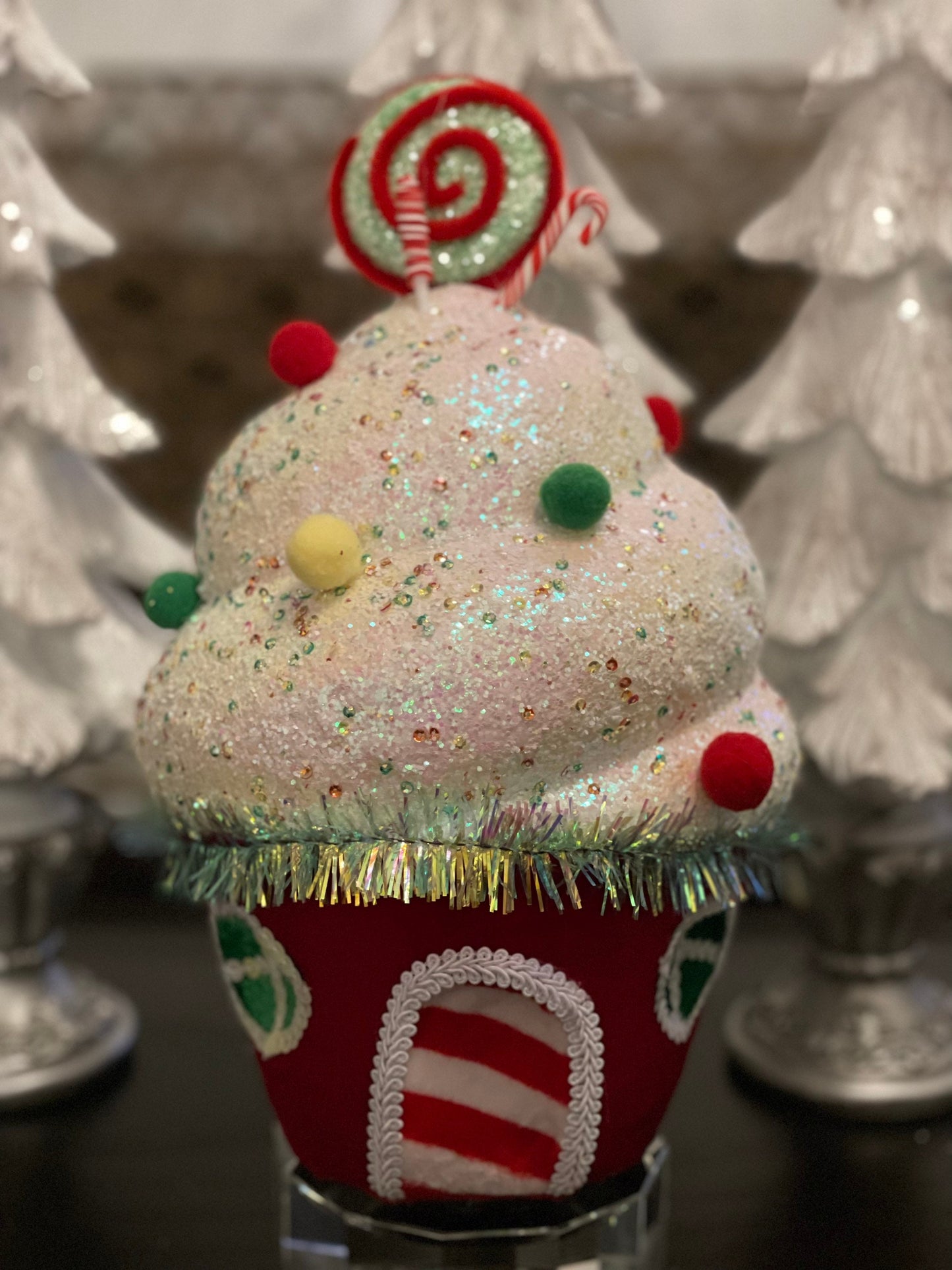 13” cupcake house velvet. Red, green and yellow. Glitter, lace and sequins ornament. Candy theme ornament