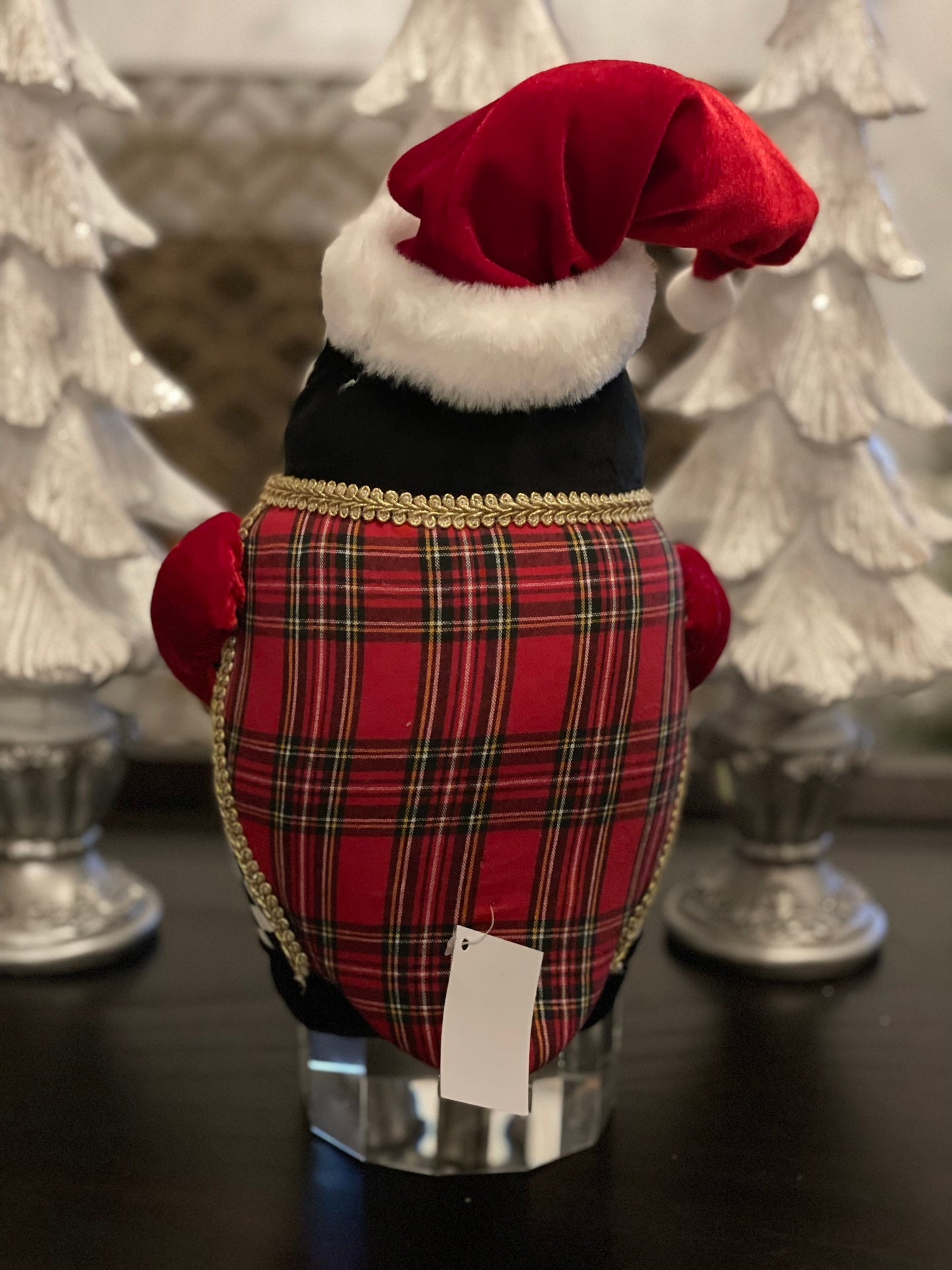 13” H x 8 W. Penguin red checkered ornament. Green, red, white and black. Christmas.