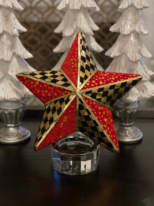 12.5” star ornament. Star checkered red, gold and black.