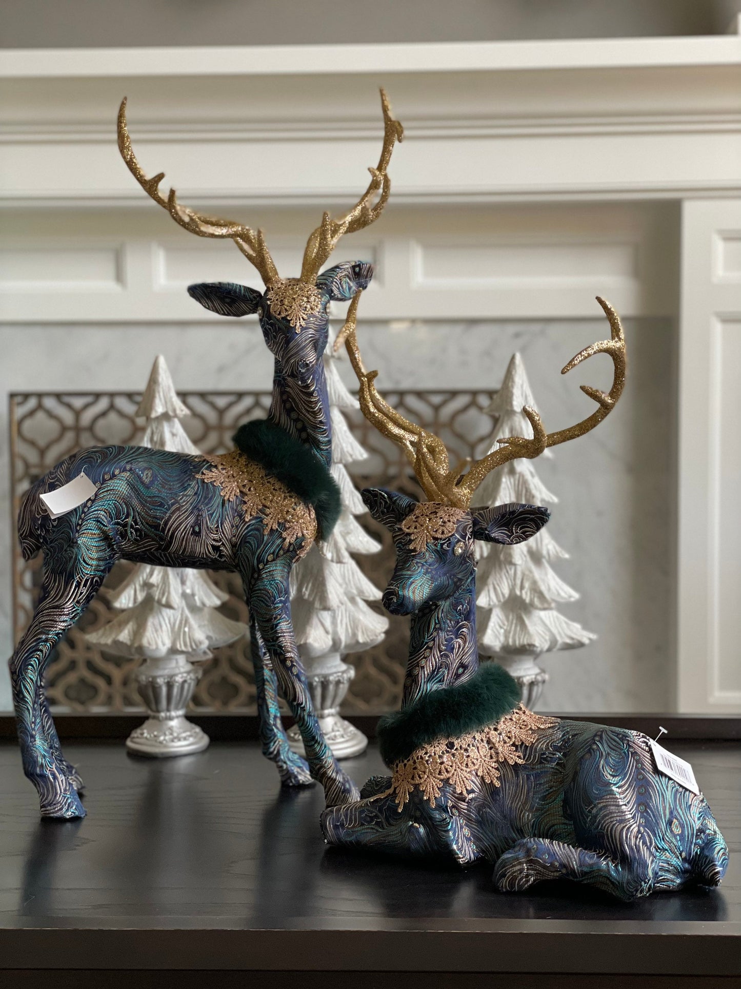30" Deer standing and 20” deer sitting in blue. Set of 1 standing and one sitting. Deer Peacock gorgeous fabric and lace. Tabletop. Display.