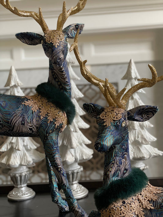 30" Deer standing and 20” deer sitting in blue. Set of 1 standing and one sitting. Deer Peacock gorgeous fabric and lace. Tabletop. Display.
