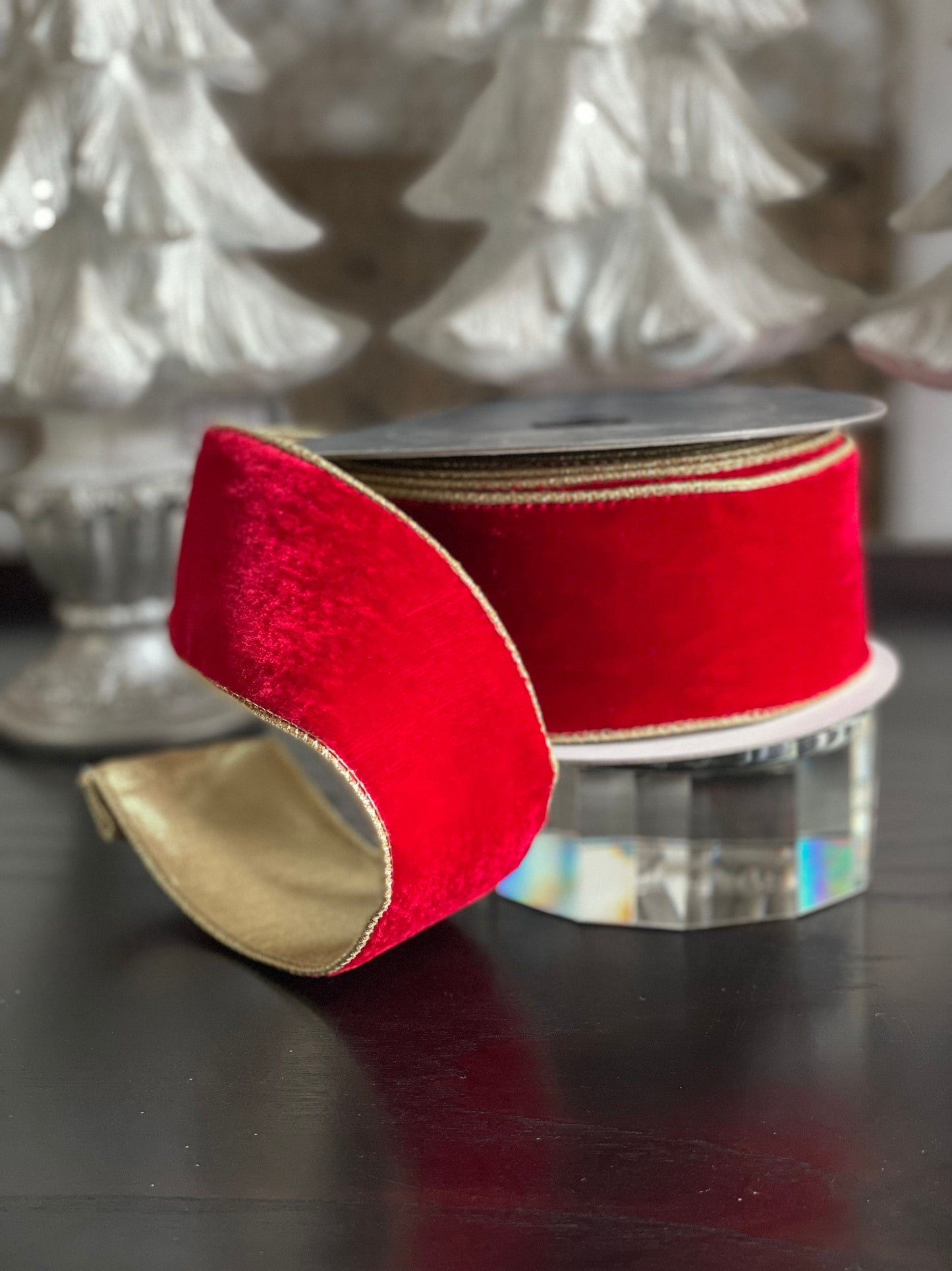 Designer flashy velvet red ribbon. 2.5” x 10 yards. Wired.*