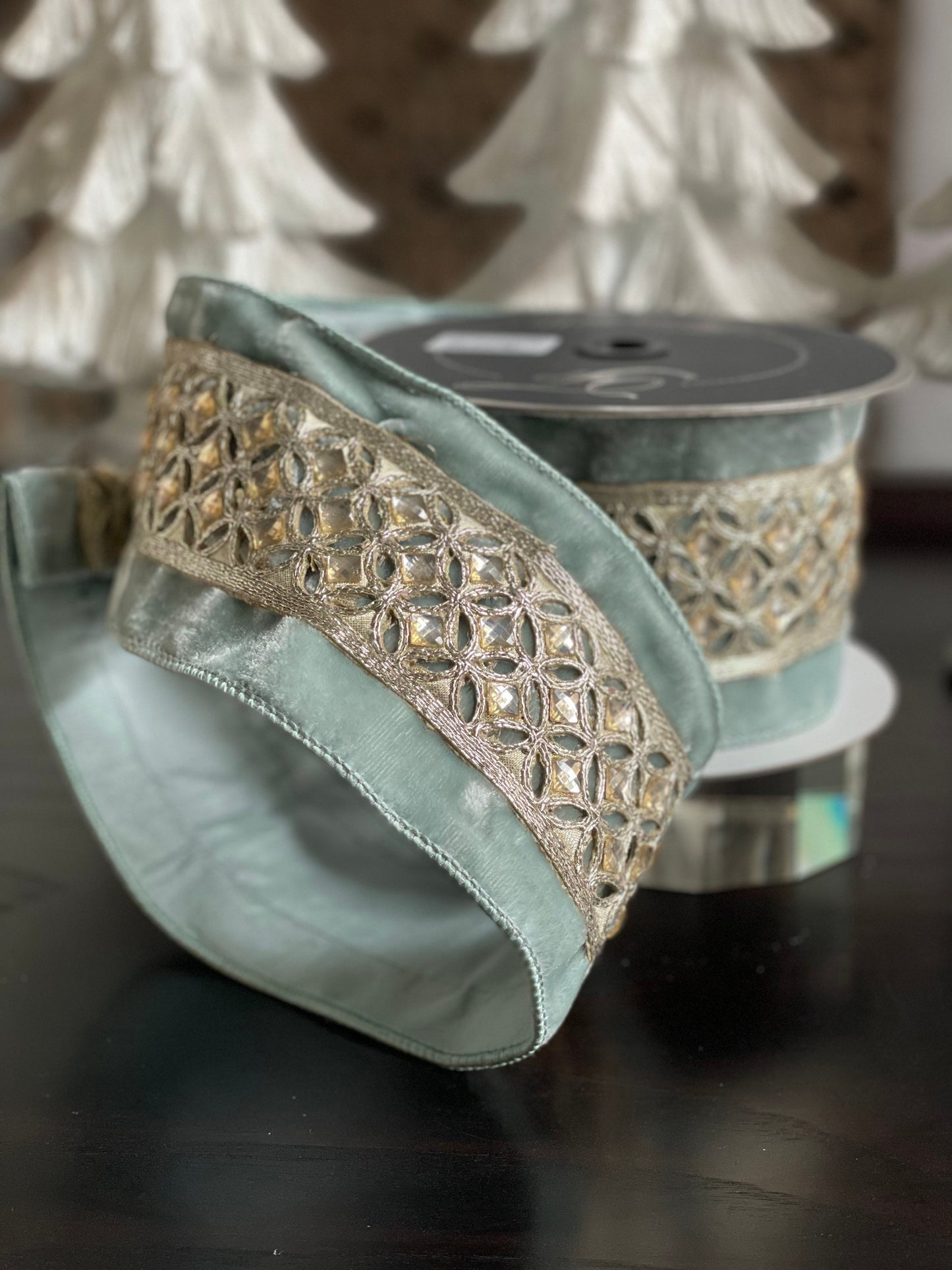Designer velvet diamond lace light blue and platinum wired ribbon 4” x 5 yards.*