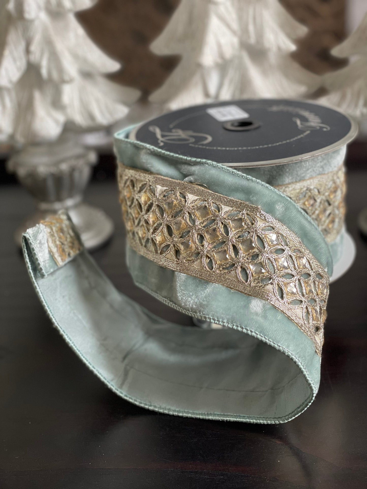 Designer velvet diamond lace light blue and platinum wired ribbon 4” x 5 yards.*