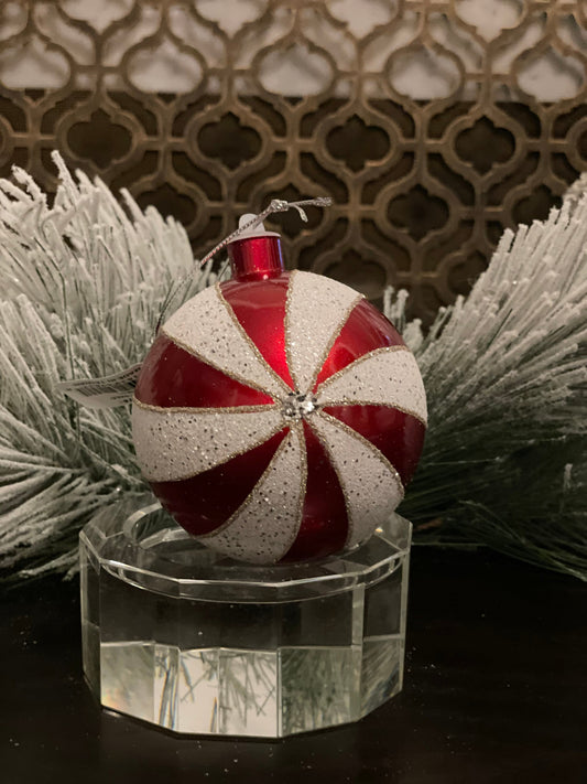 Ball 100mm candy cane red/white. Glitter.*